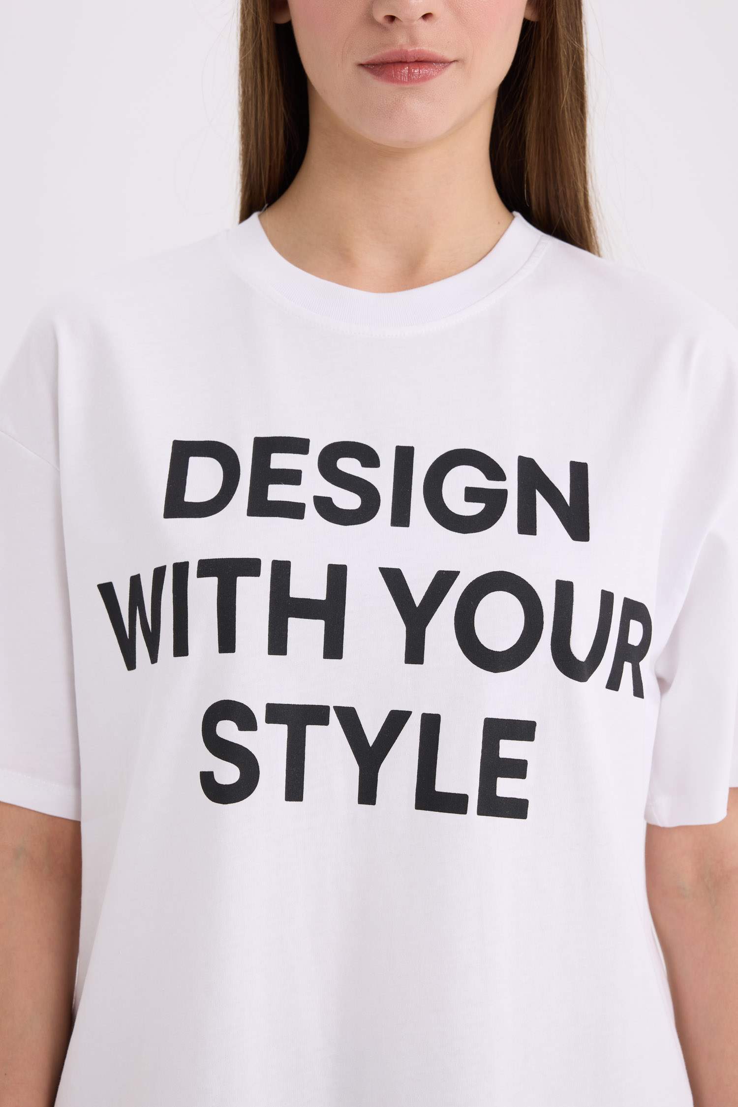 Oversize Geniş Kalıp Bisiklet Yaka Baskılı Casual Kısa Kollu Tişört