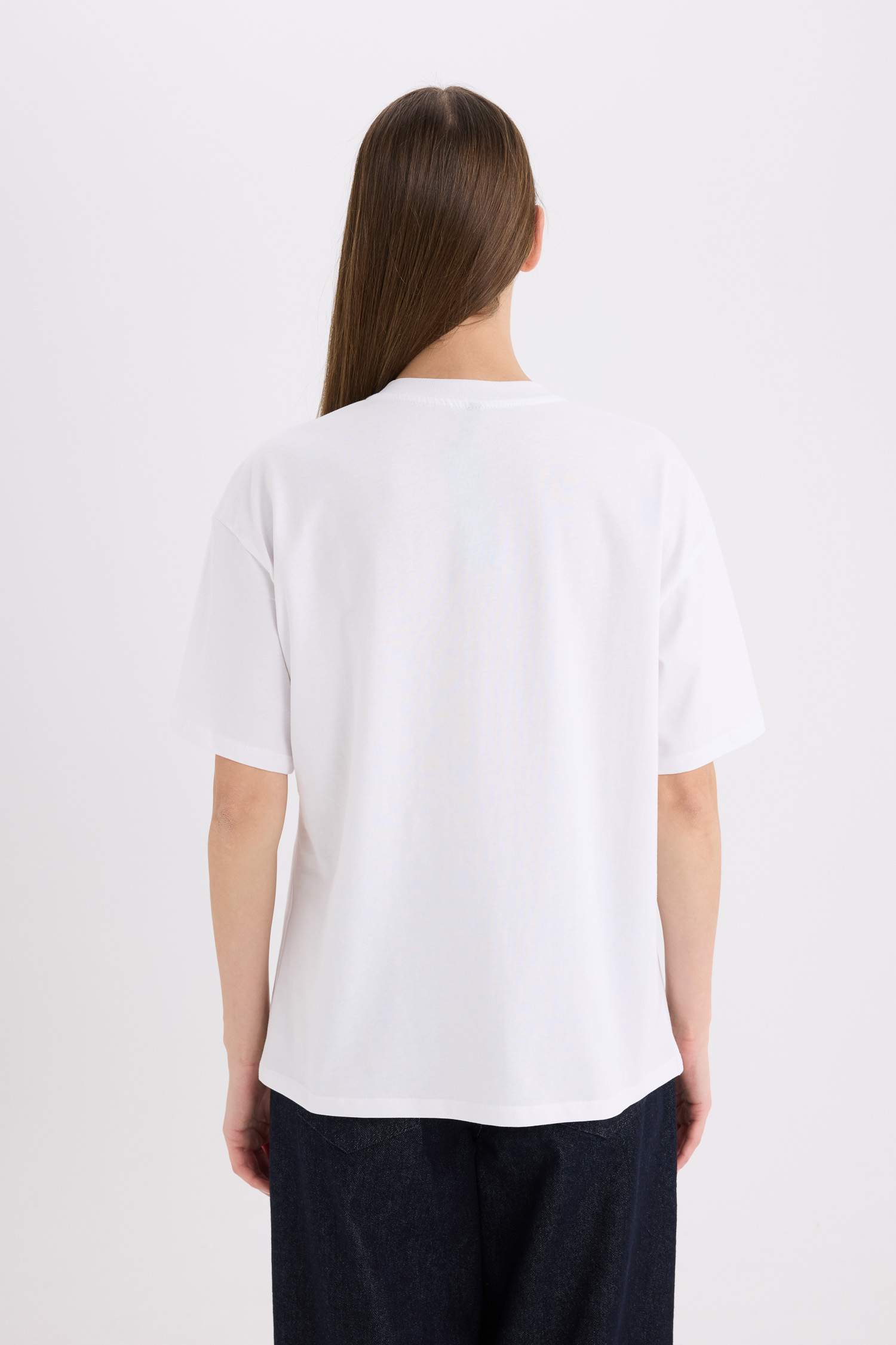 Oversize Geniş Kalıp Bisiklet Yaka Baskılı Casual Kısa Kollu Tişört