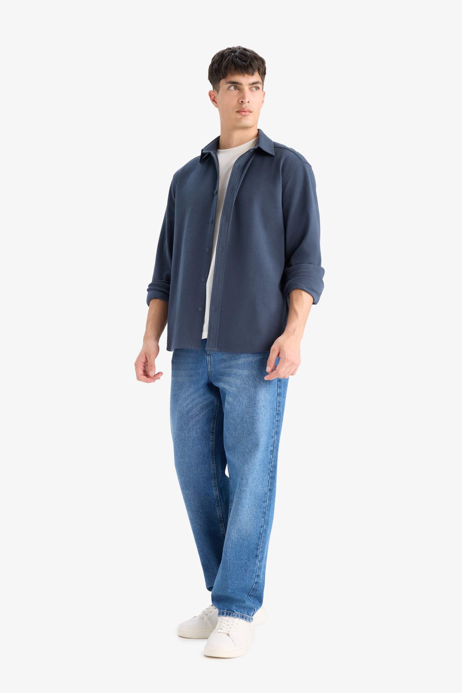 Regular Fit Polo Yaka Penye Uzun Kollu Gömlek