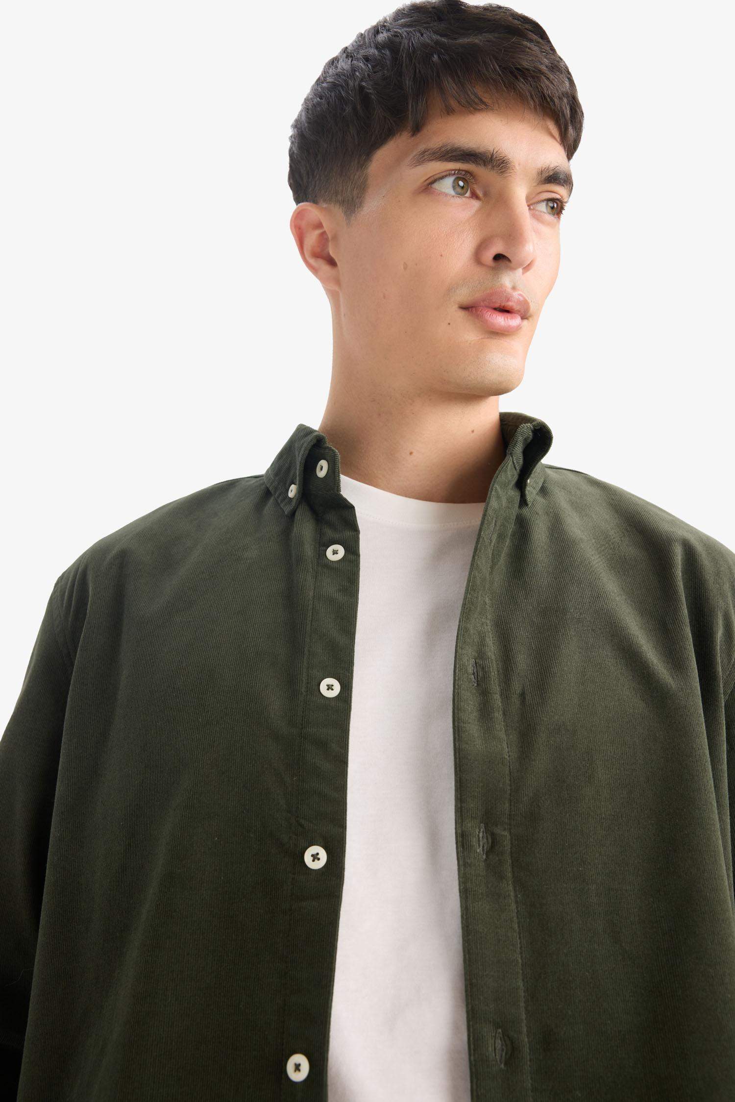 Regular Fit Polo Yaka Fitilli Kadife Uzun Kollu Gömlek