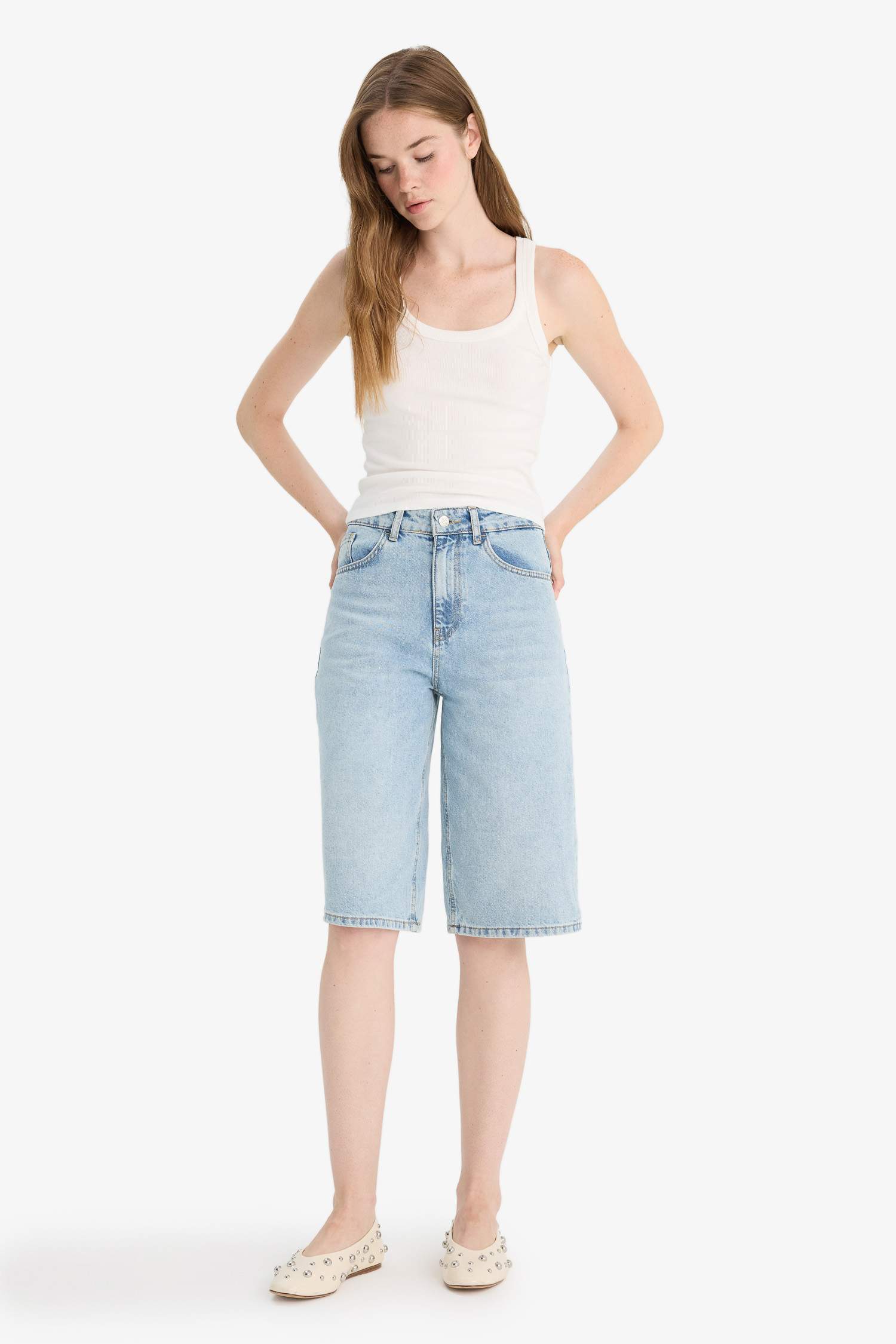 High Waist Denim Bermuda Shorts