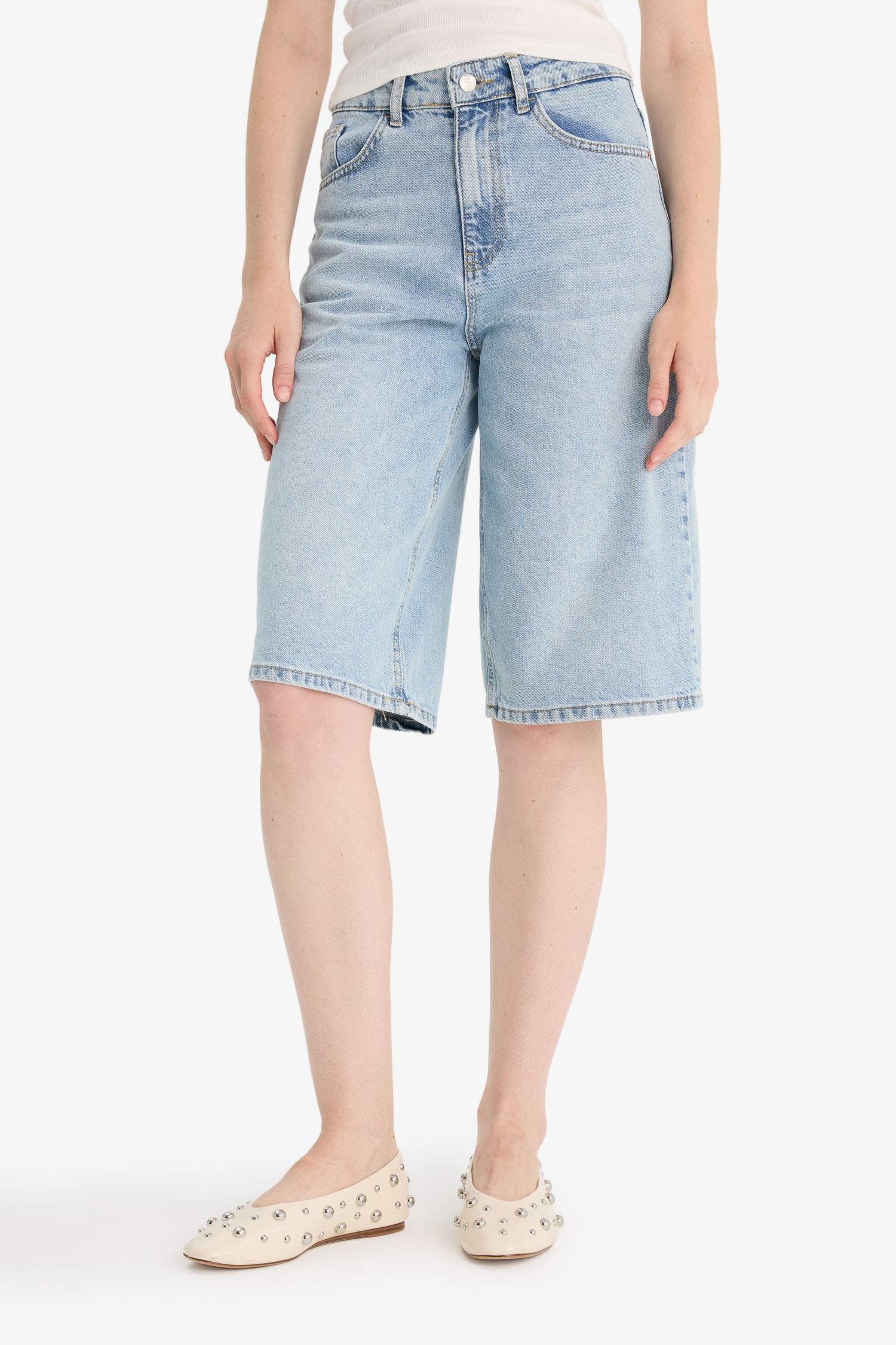 High Waist Denim Bermuda Shorts
