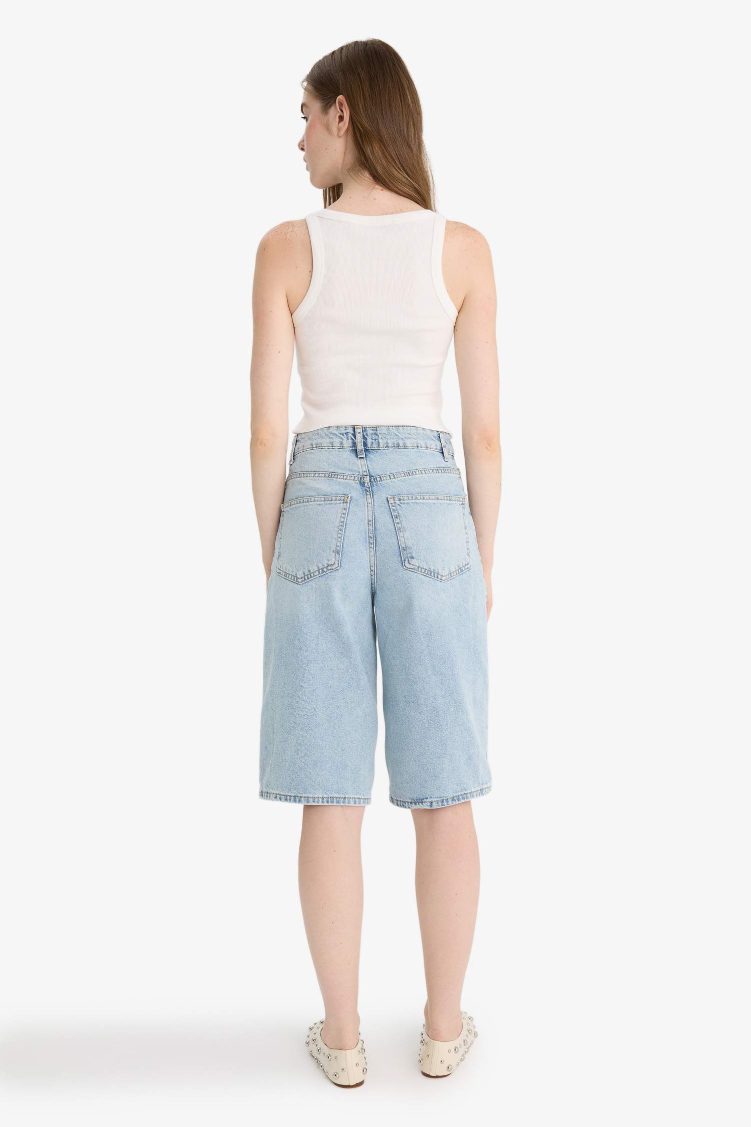 High Waist Denim Bermuda Shorts