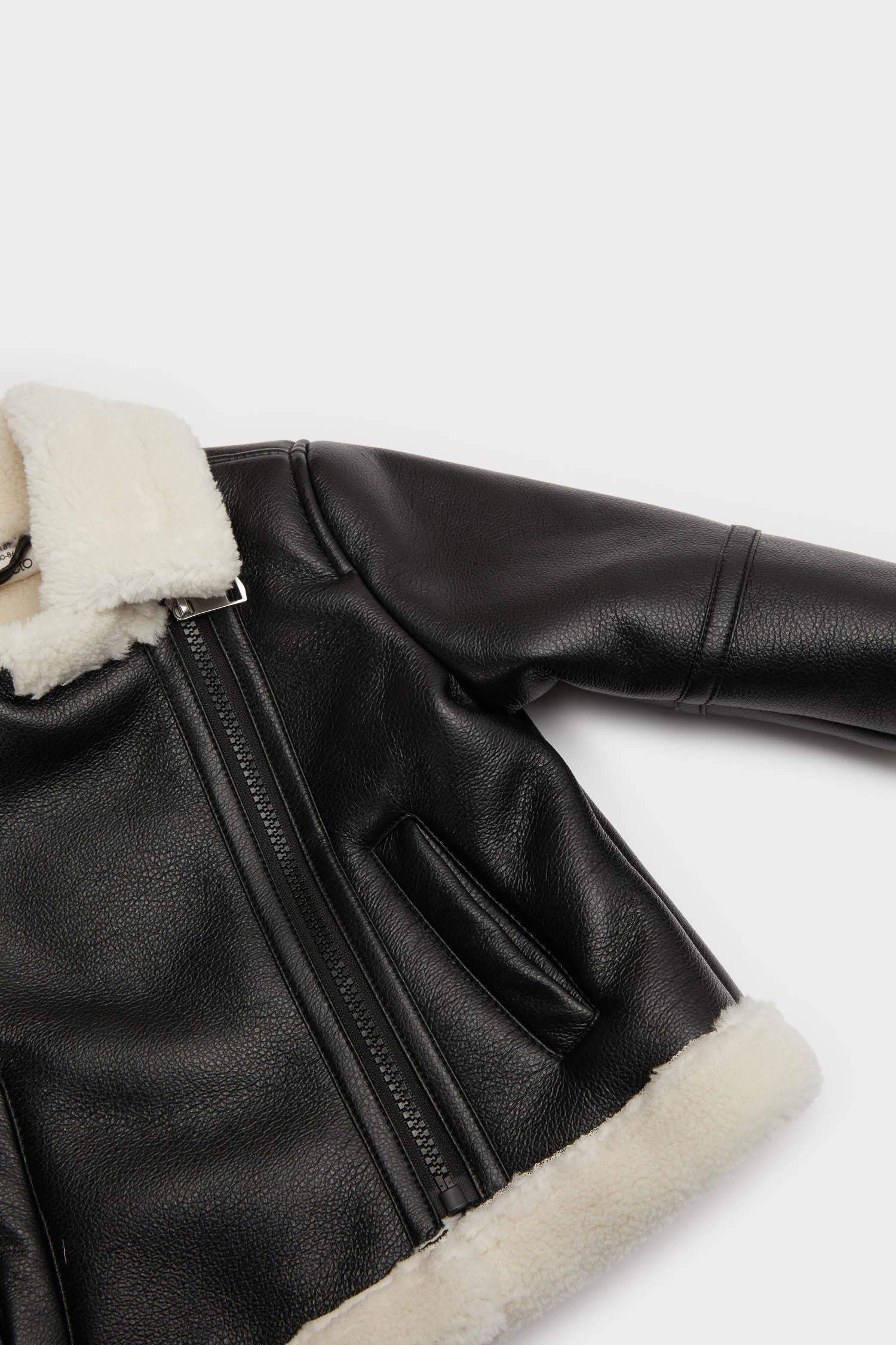 Baby Girl Windproof Waterproof Faux Leather Plush Lining Jacket