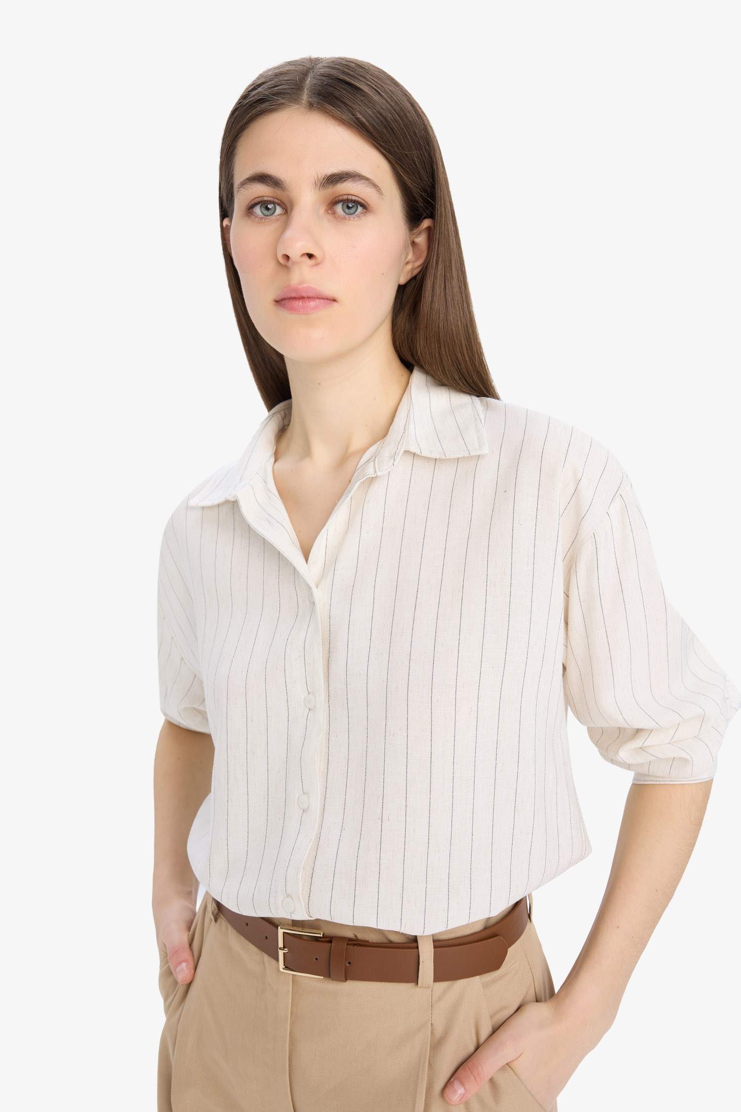 Loose Fit Çizgili Keten Karışımlı Uzun Kollu Gömlek