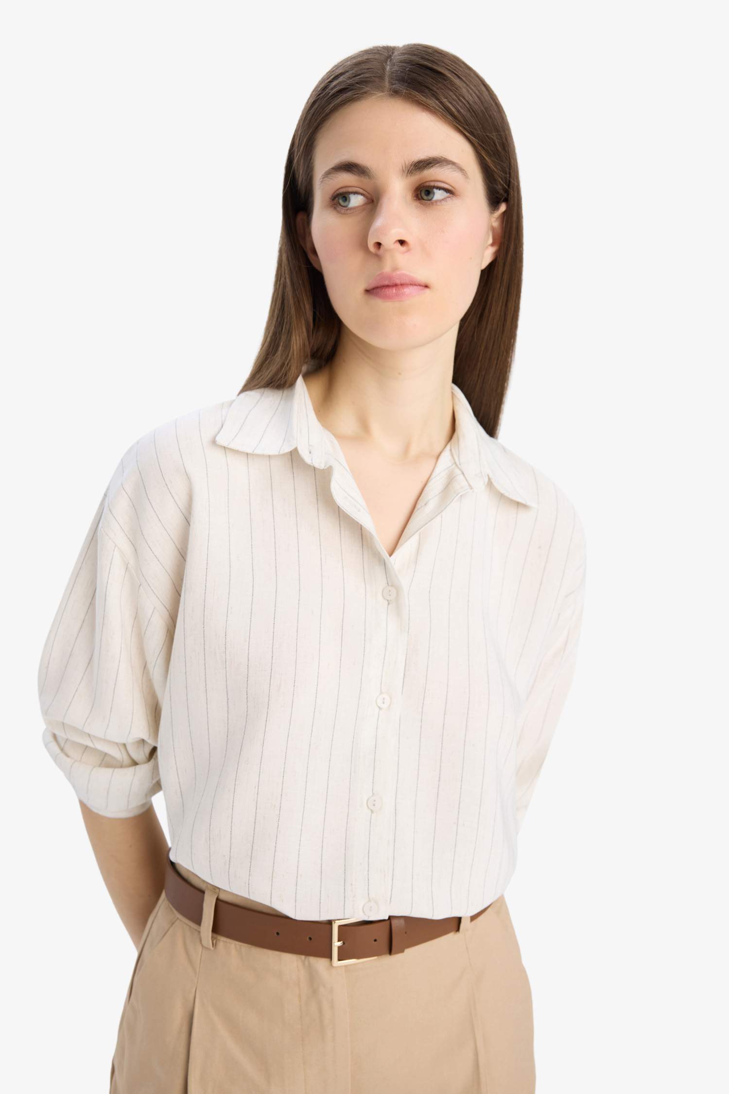 Loose Fit Çizgili Keten Karışımlı Uzun Kollu Gömlek