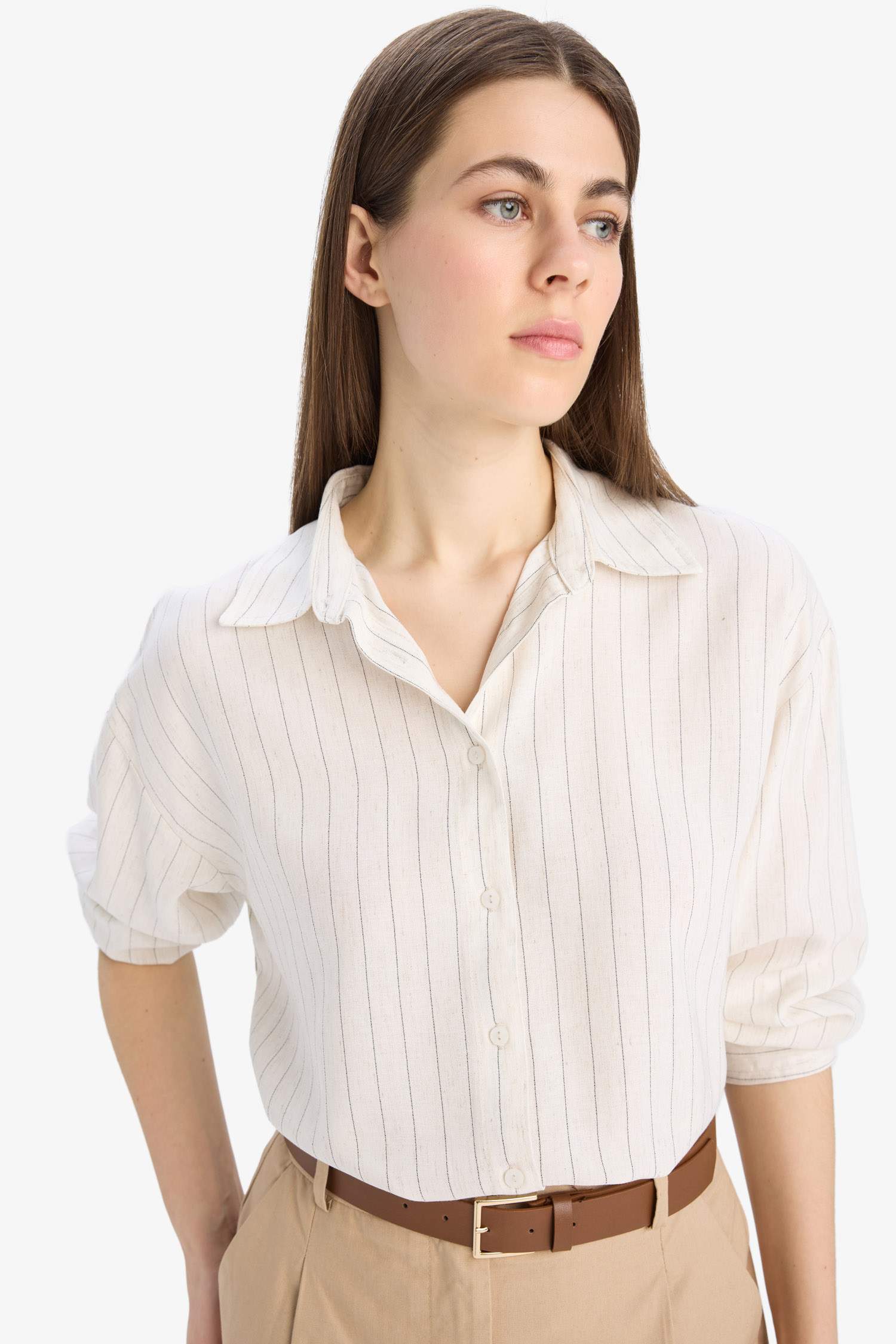 Loose Fit Çizgili Keten Karışımlı Uzun Kollu Gömlek