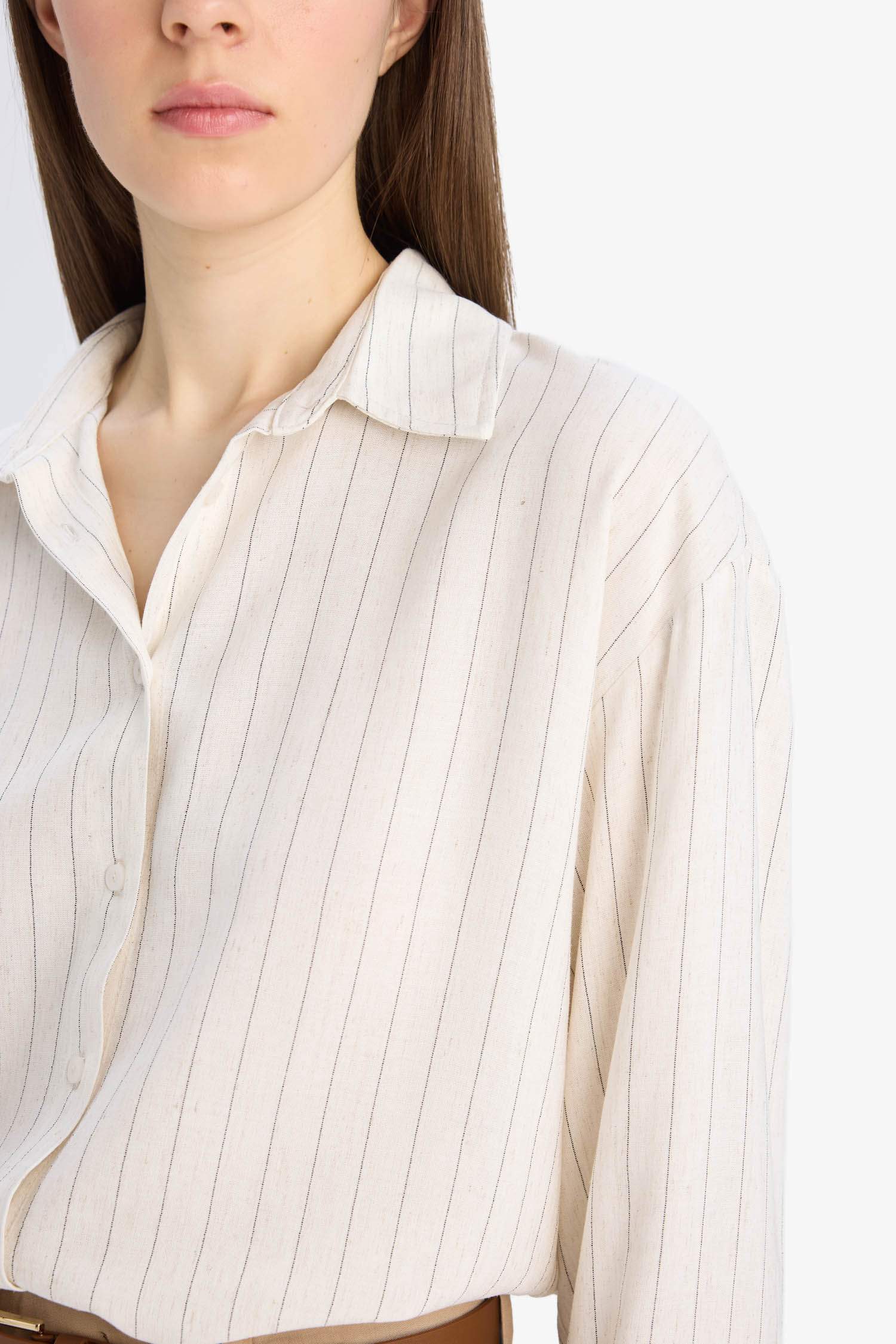 Loose Fit Çizgili Keten Karışımlı Uzun Kollu Gömlek