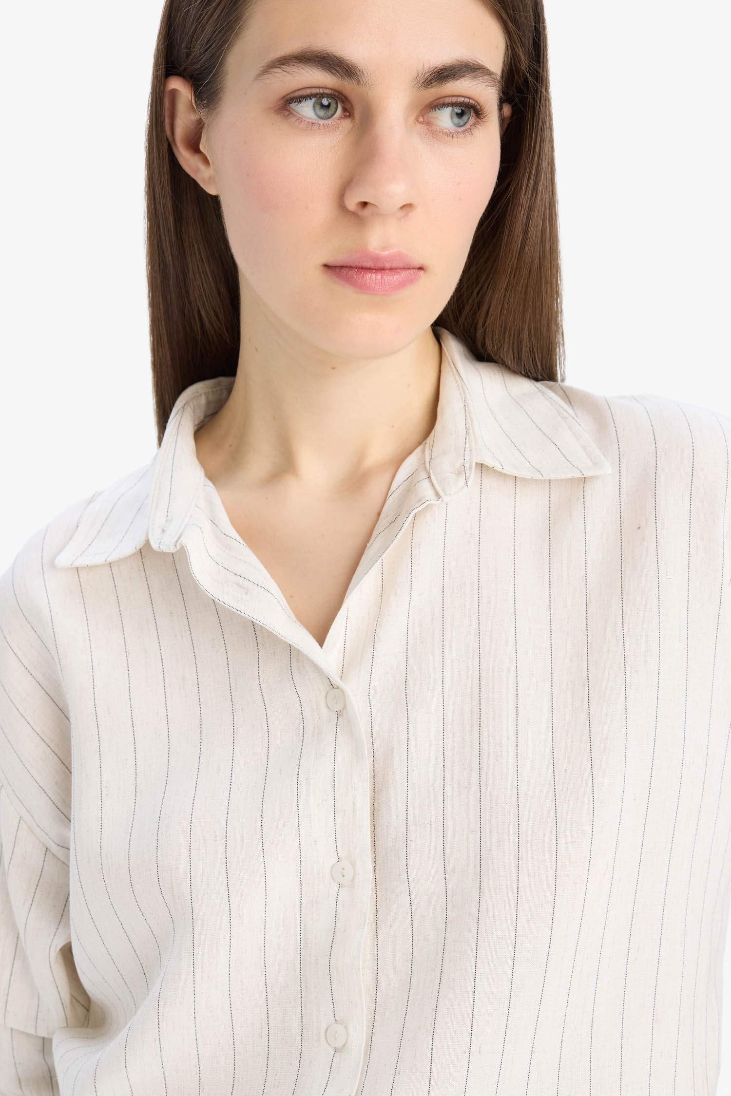 Loose Fit Çizgili Keten Karışımlı Uzun Kollu Gömlek