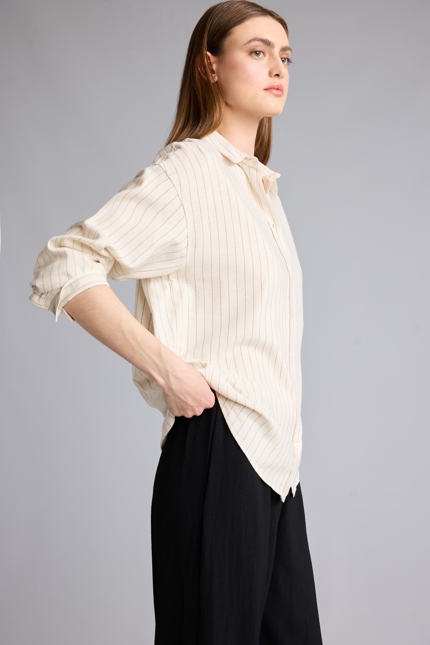 DeFacto Loose Fit Keten Karışımlı Çizgili Gömlek