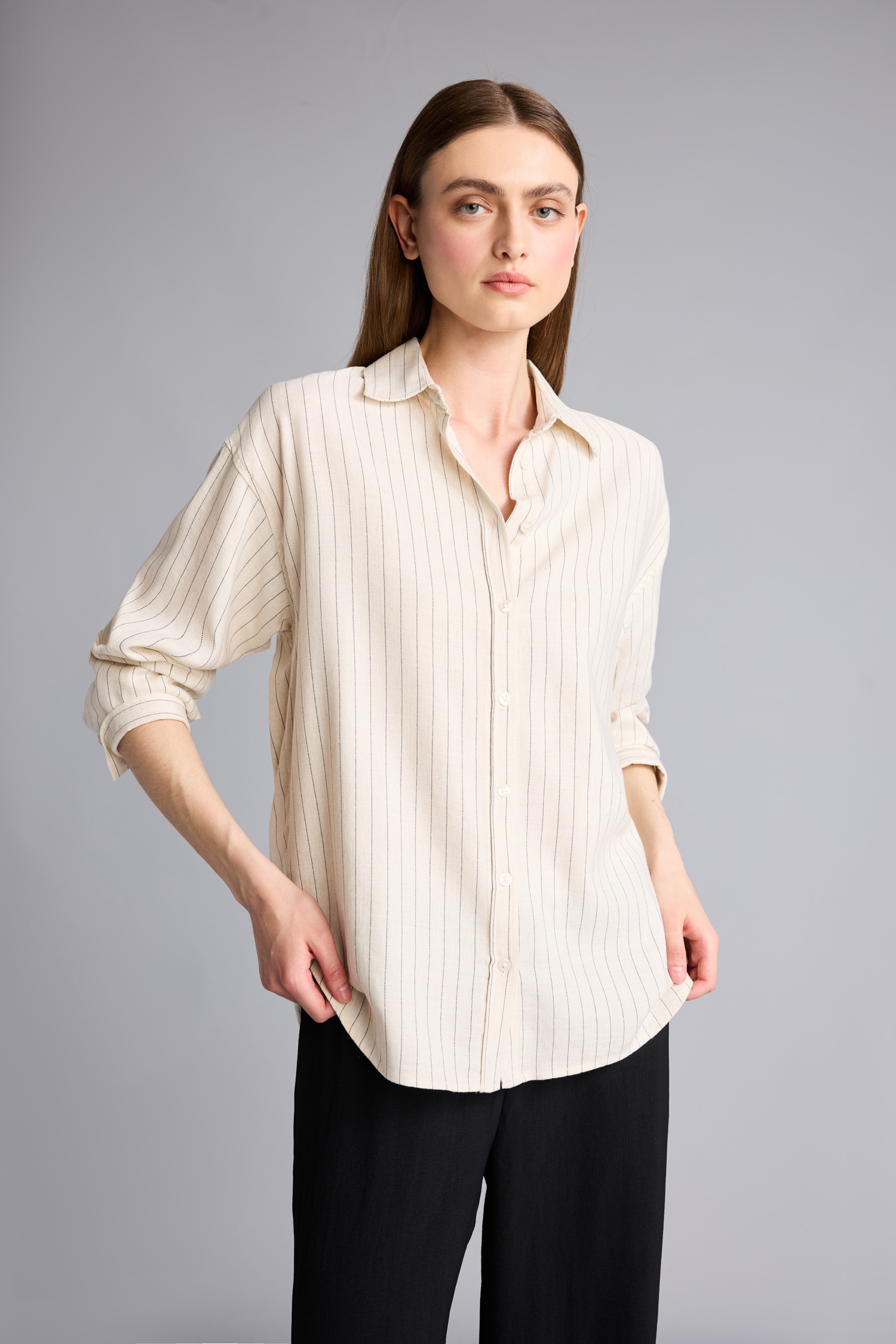 DeFacto Loose Fit Keten Karışımlı Çizgili Gömlek görsel 3