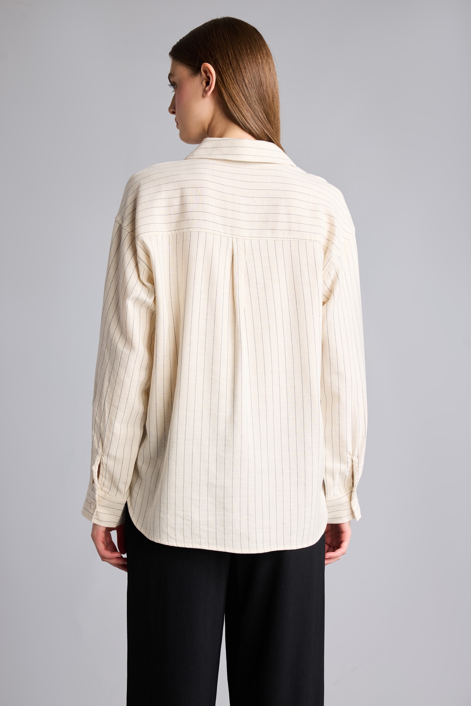 DeFacto Loose Fit Keten Karışımlı Çizgili Gömlek görsel 5
