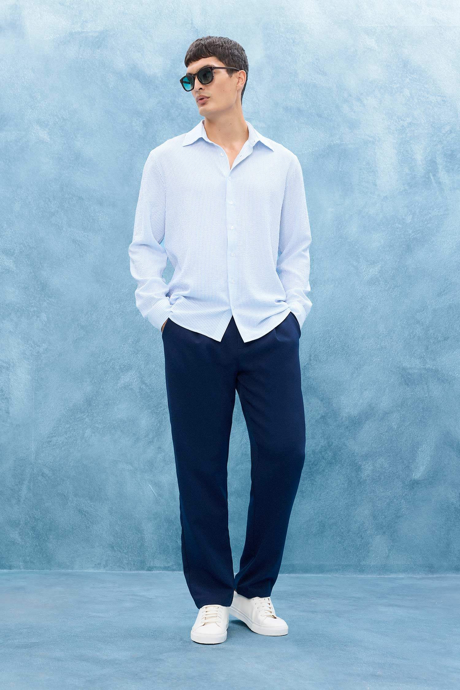 Modern Fit Polo Yaka Çizgili Krinkıl Uzun Kollu Gömlek