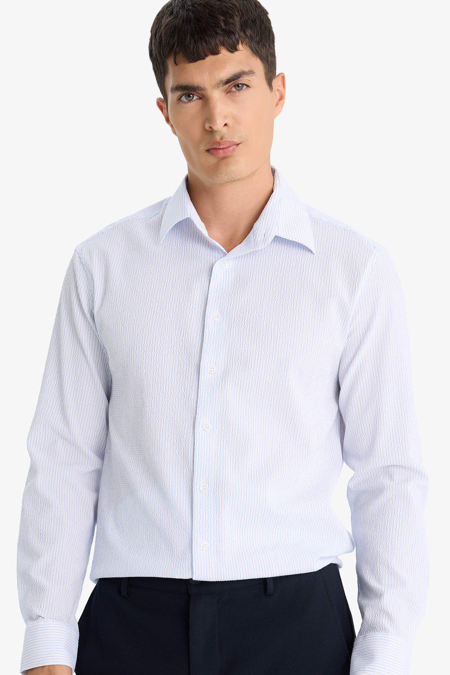 Modern Fit Polo Yaka Çizgili Krinkıl Uzun Kollu Gömlek