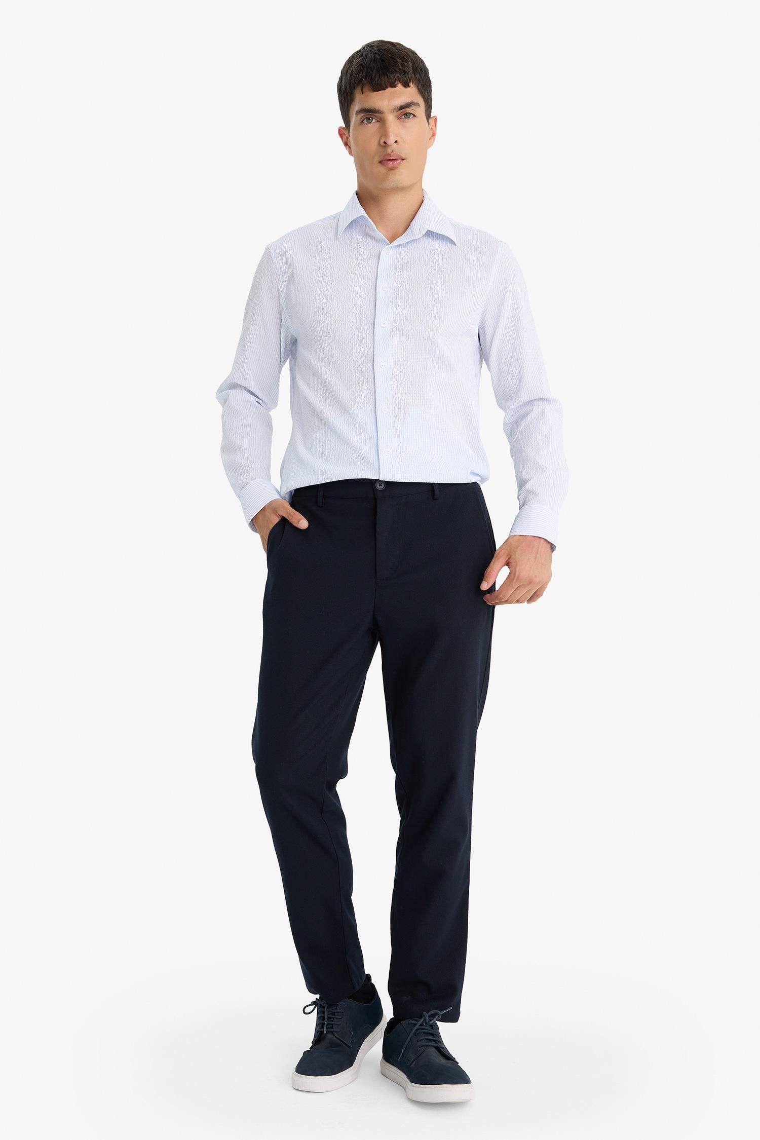 Modern Fit Polo Yaka Çizgili Krinkıl Uzun Kollu Gömlek