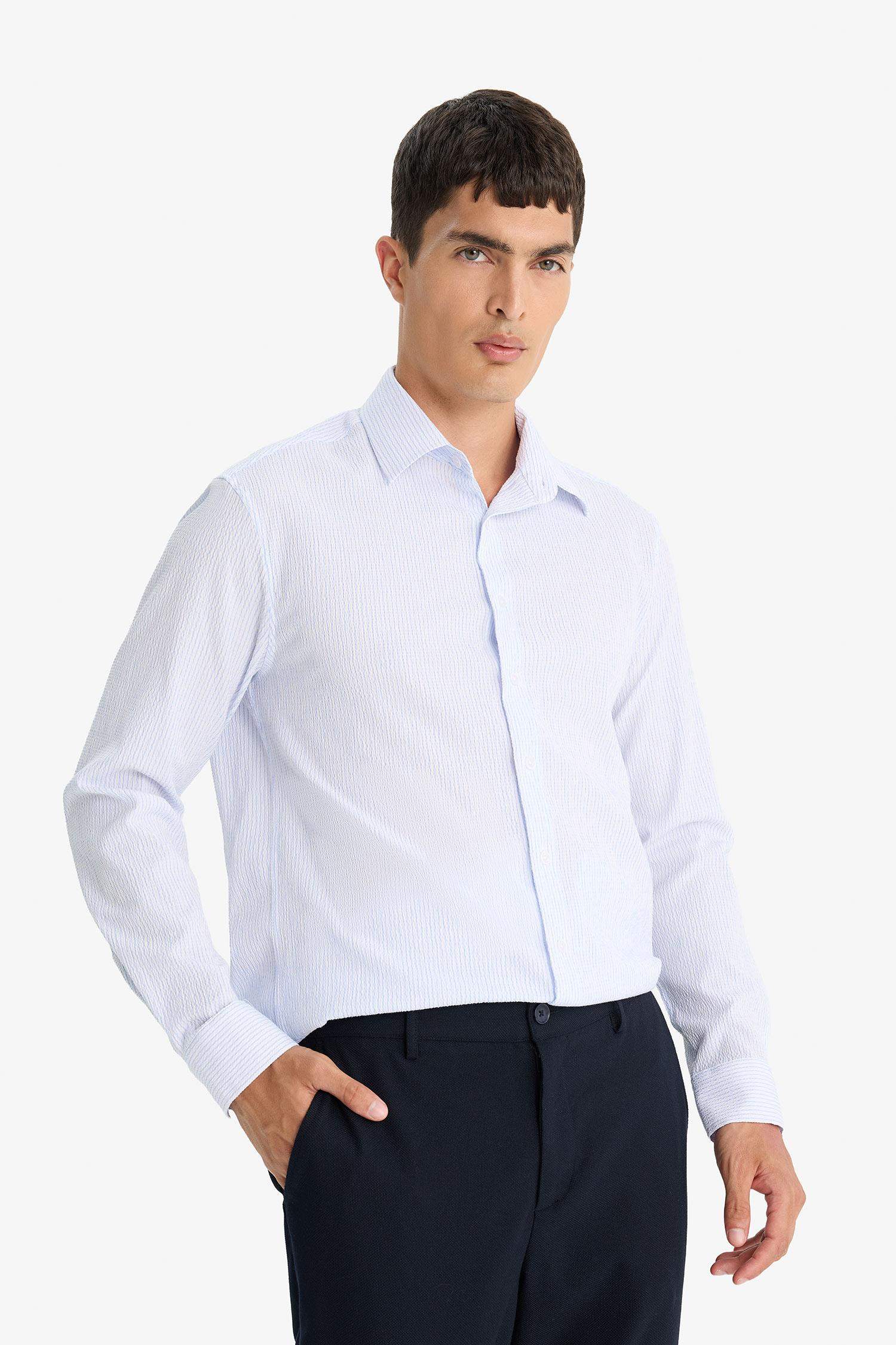 Modern Fit Polo Yaka Çizgili Krinkıl Uzun Kollu Gömlek