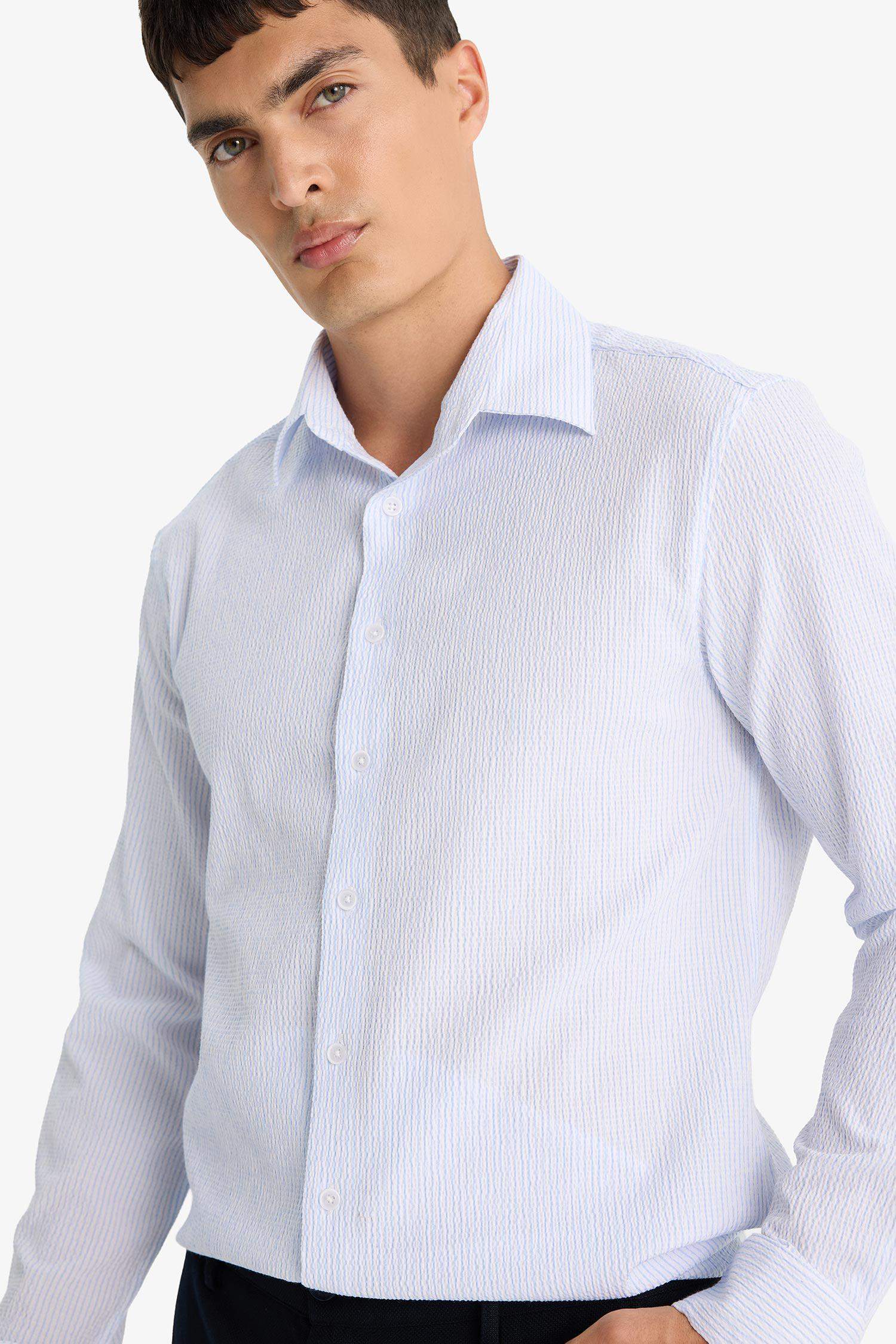 Modern Fit Polo Yaka Çizgili Krinkıl Uzun Kollu Gömlek