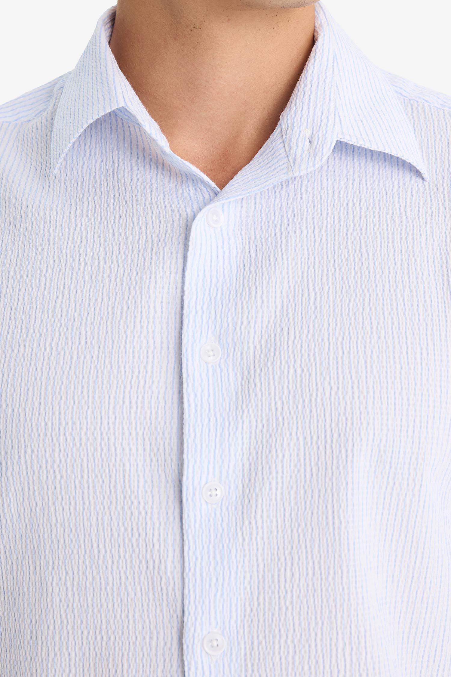 Modern Fit Polo Yaka Çizgili Krinkıl Uzun Kollu Gömlek