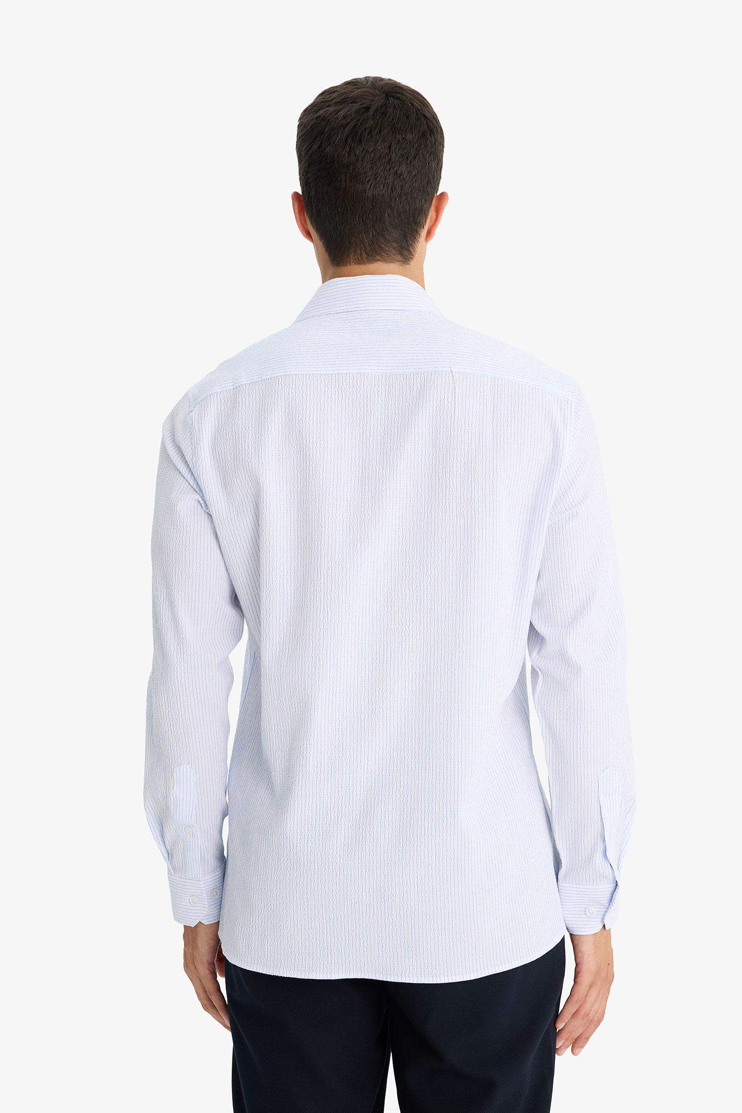 Modern Fit Polo Yaka Çizgili Krinkıl Uzun Kollu Gömlek