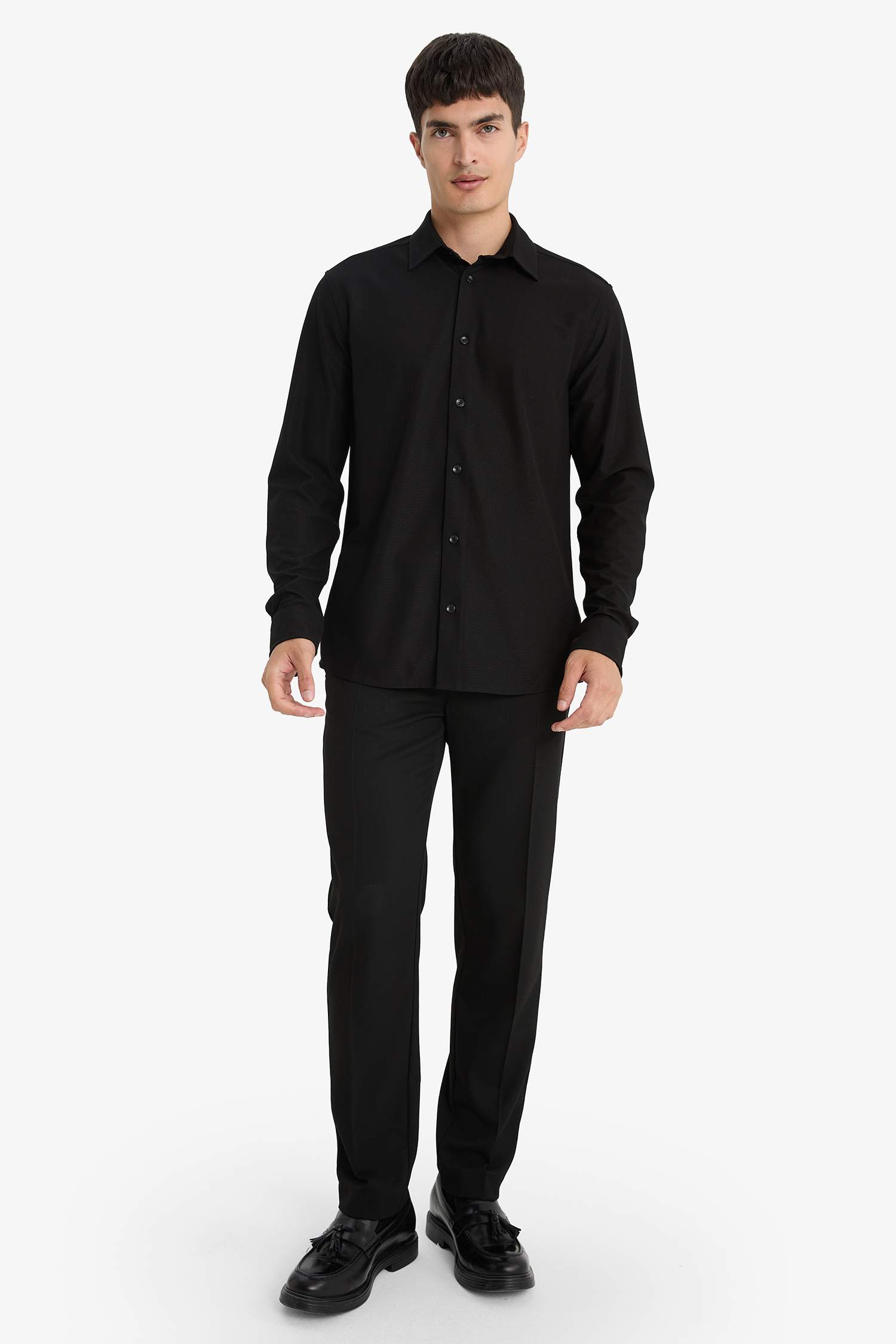 Slim Fit Dar Kesim Polo Yaka Penye Uzun Kollu Gömlek