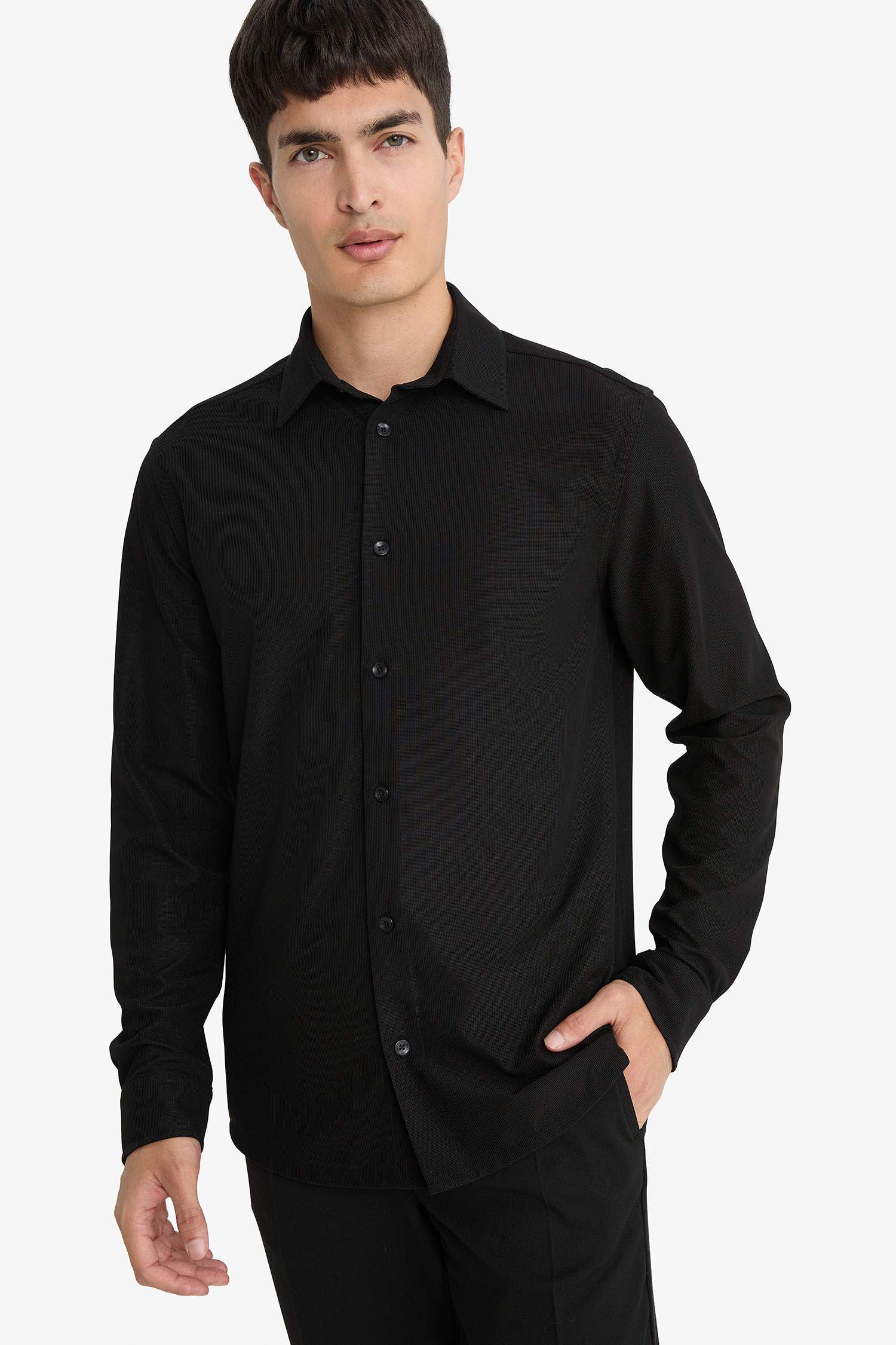 Slim Fit Dar Kesim Polo Yaka Penye Uzun Kollu Gömlek