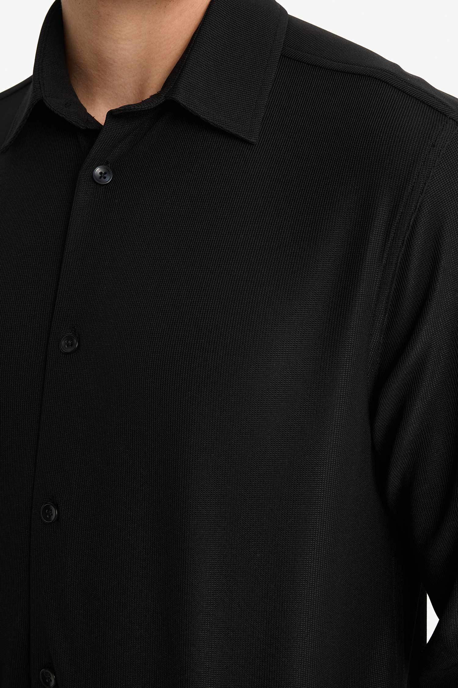 Slim Fit Dar Kesim Polo Yaka Penye Uzun Kollu Gömlek