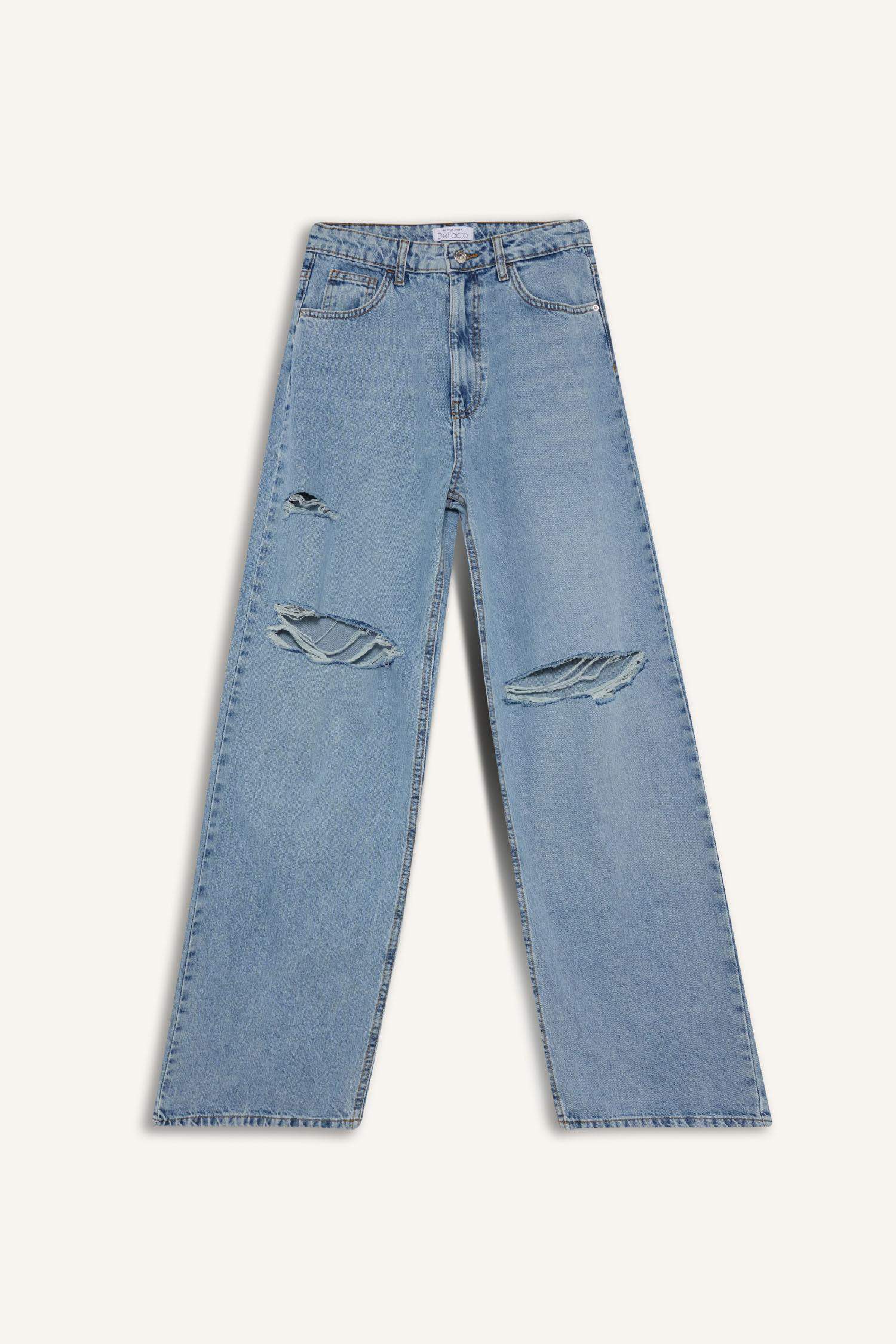 Wide Leg Ripped Detail High Waist Long Jeans