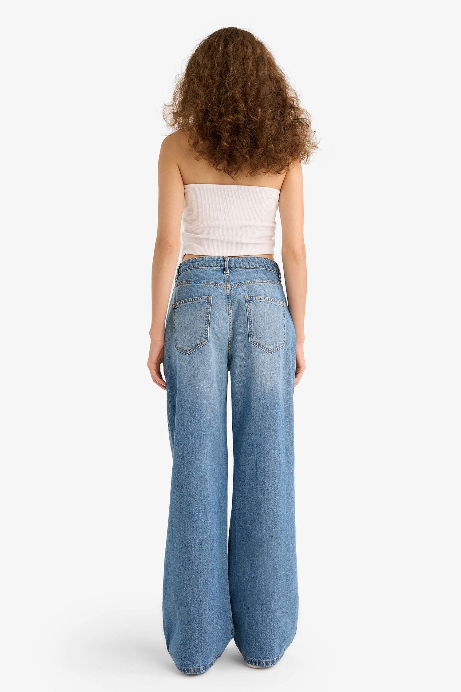 Wide Leg Yırtık Detaylı Yüksek Bel Uzun Jean Yıkamalı Pantolon