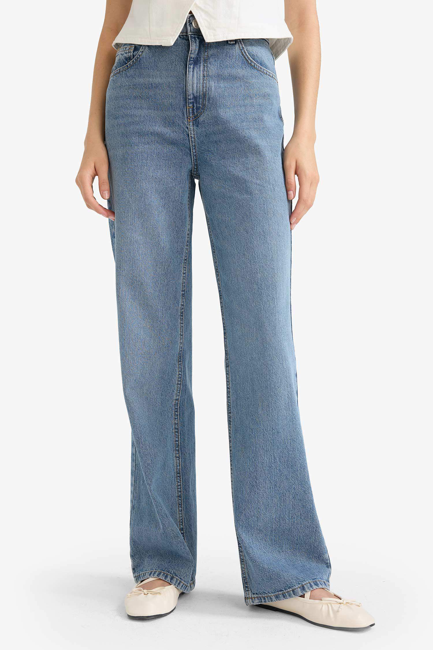 90's Wide Leg Yüksek Bel Uzun Jean Yıkamalı Pantolon