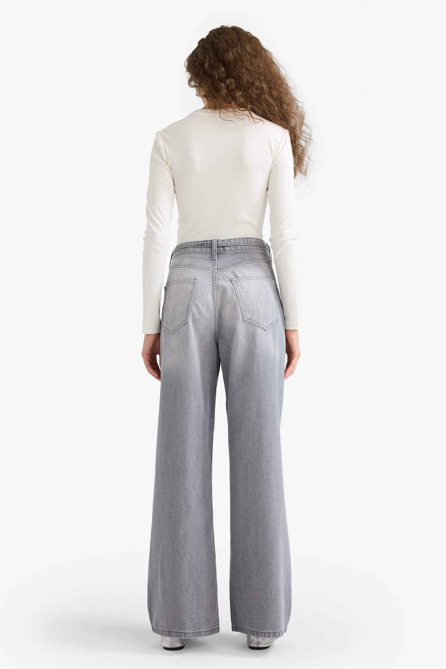 Wide Leg Yüksek Bel Uzun Jean Yıkamalı Pantolon