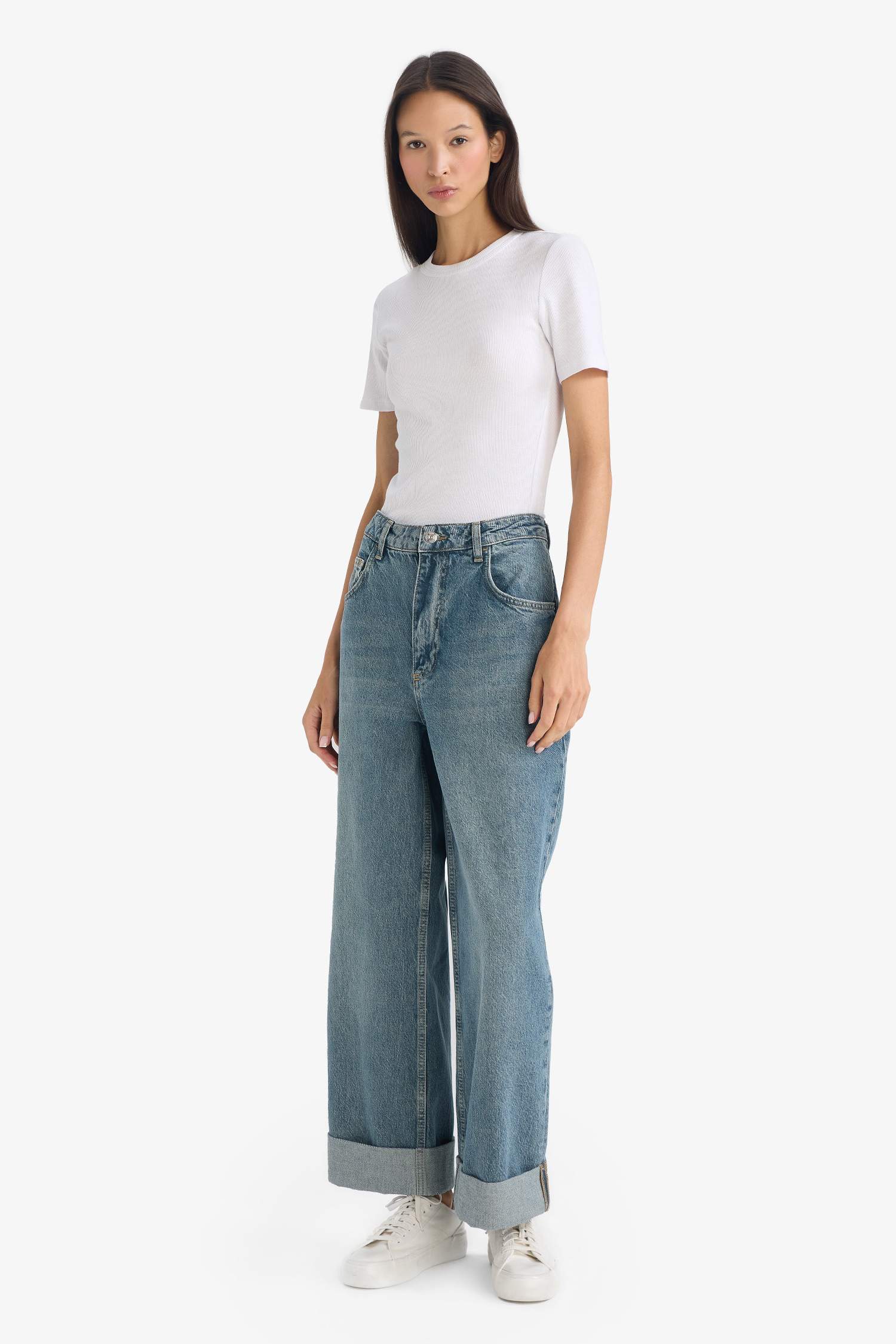 Baggy Fit Yüksek Bel Katlamalı Paça Jean Pantolon