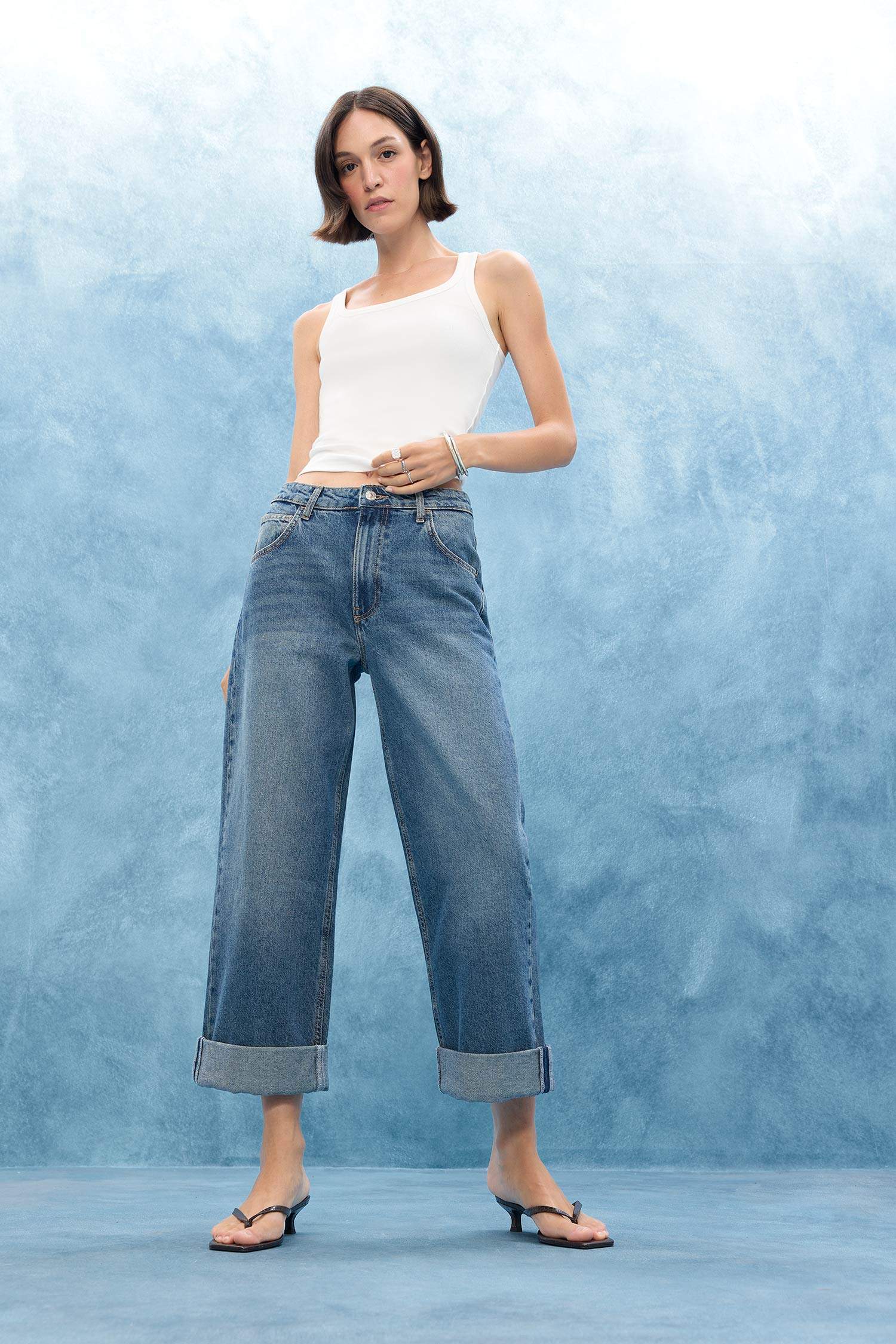 Baggy Fit Folded Leg Denim Trousers
