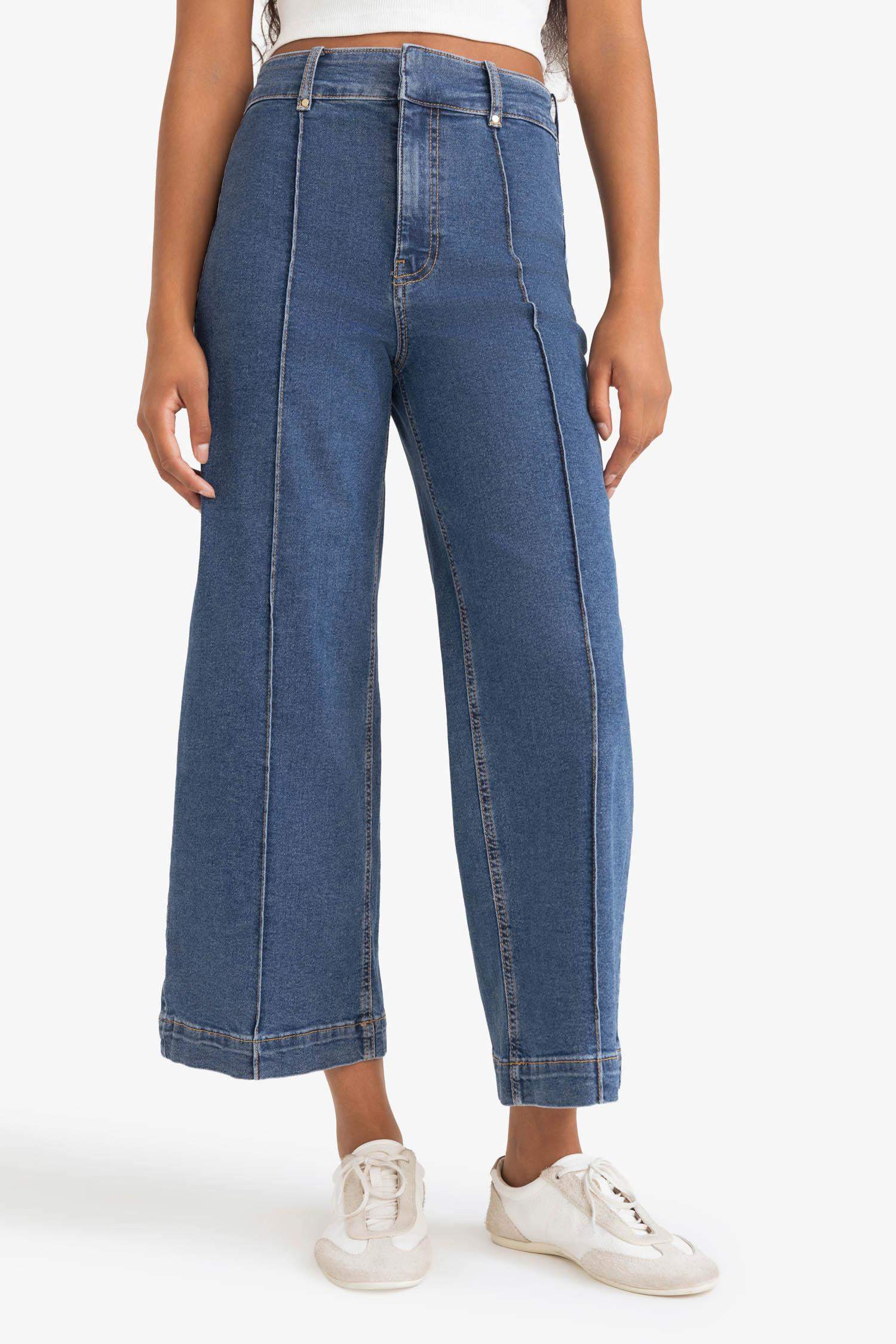 Culotte Yüksek Bel Crop Fit Crop Jean Kar Yıkamalı Pantolon