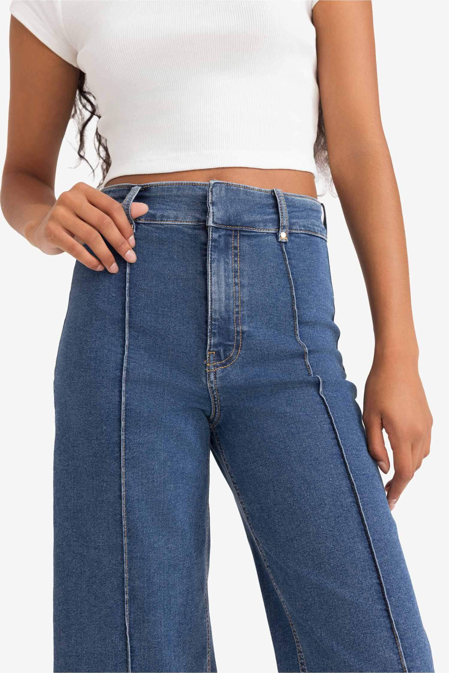 Culotte Yüksek Bel Crop Fit Crop Jean Kar Yıkamalı Pantolon
