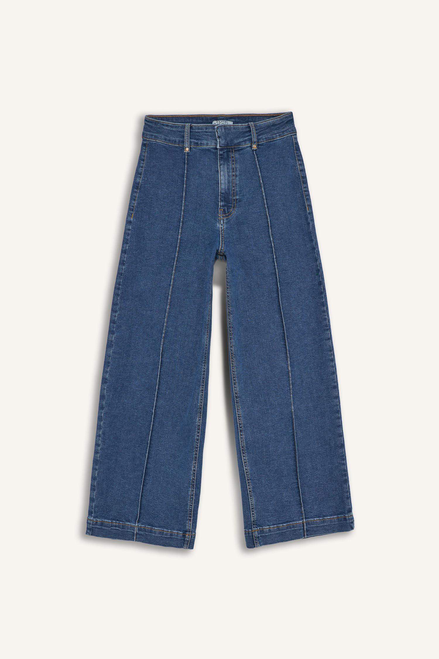 Culotte Yüksek Bel Crop Fit Crop Jean Kar Yıkamalı Pantolon