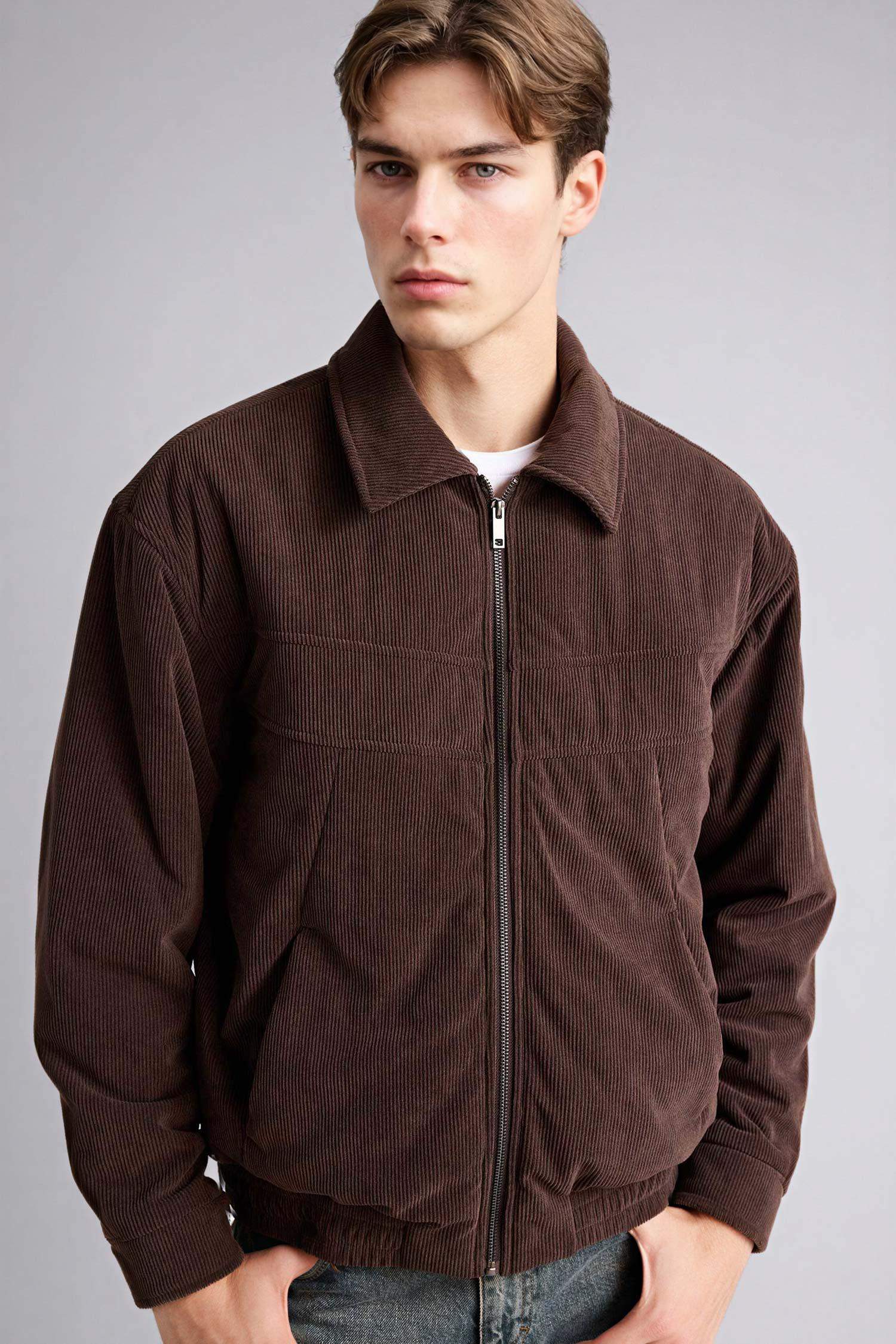 Oversıze Gömlek Yaka Fermuarlı Kadife Mont