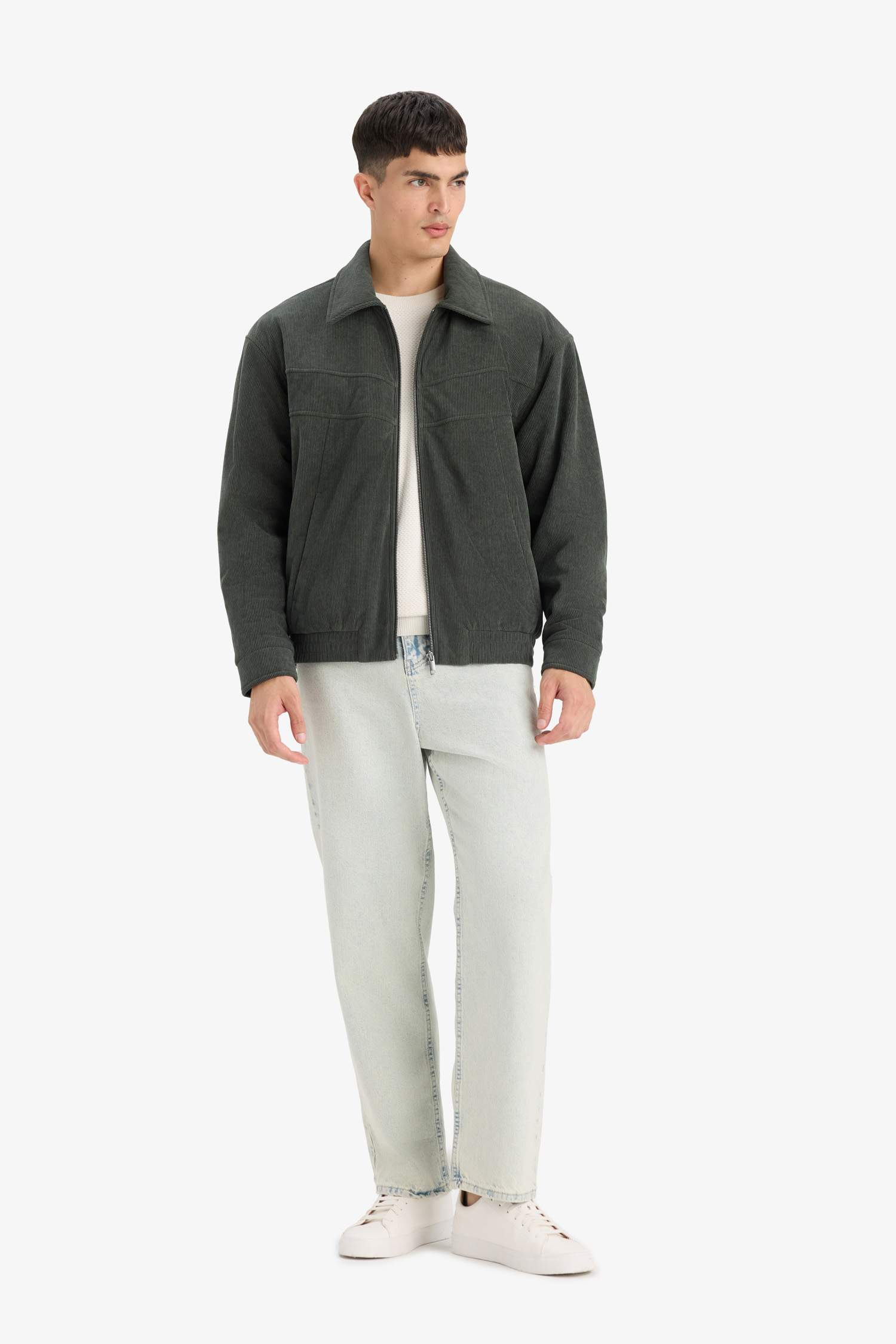 Oversize Geniş Kalıp Gömlek Yaka Beli Lastikli Fermuarlı İç Cepli Kadife Mont