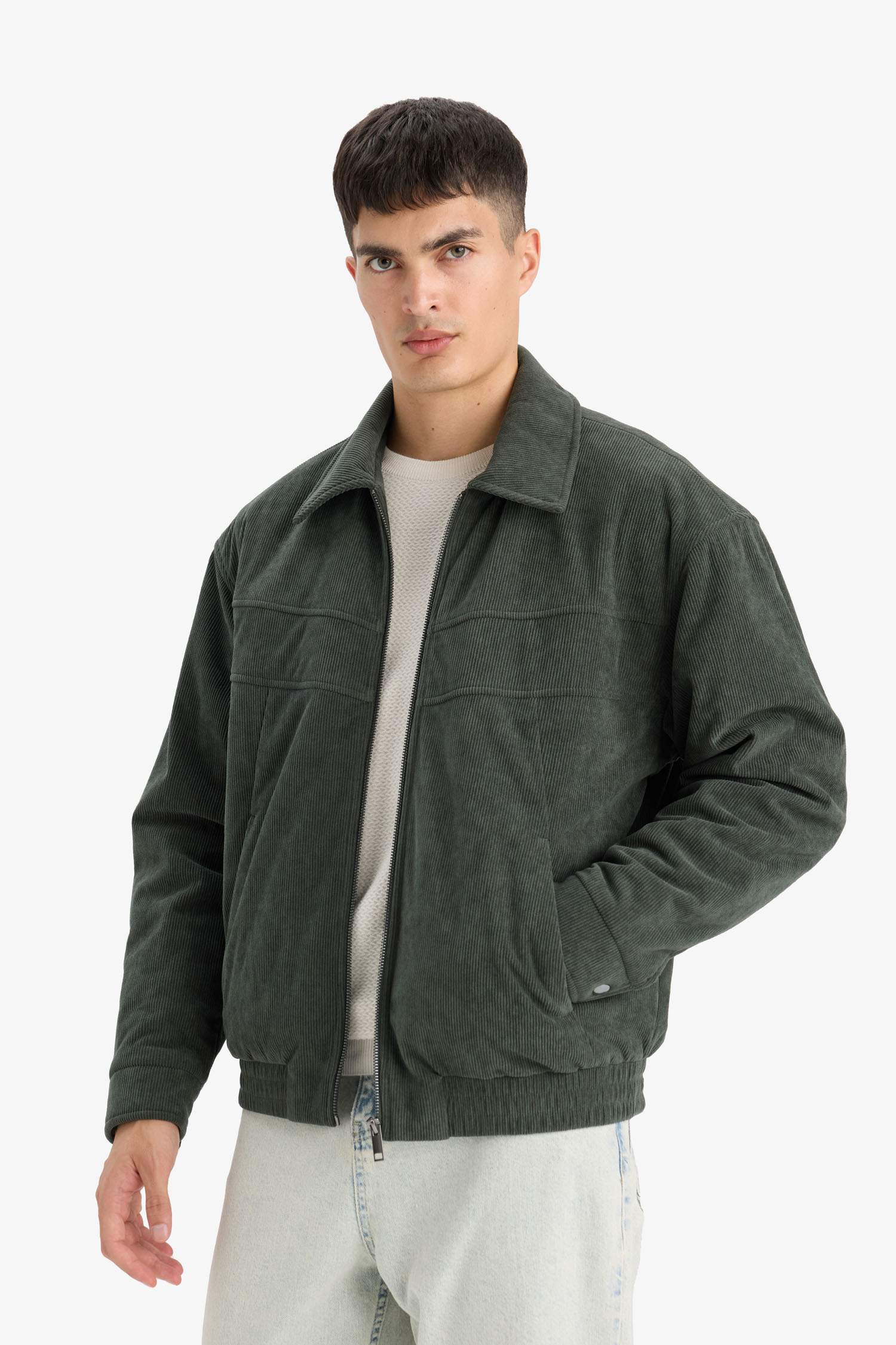 Oversize Geniş Kalıp Gömlek Yaka Beli Lastikli Fermuarlı İç Cepli Kadife Mont