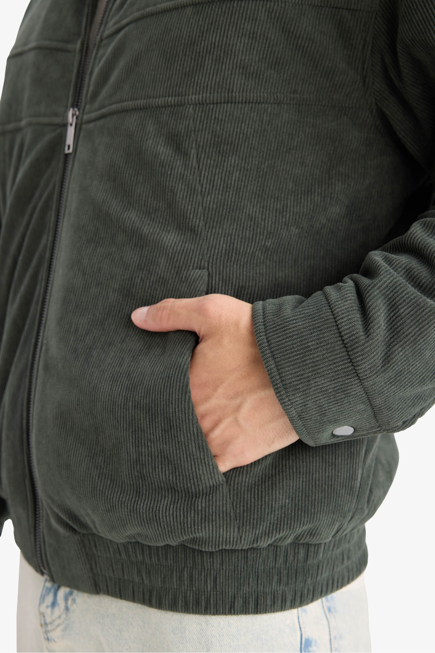 Oversize Geniş Kalıp Gömlek Yaka Beli Lastikli Fermuarlı İç Cepli Kadife Mont