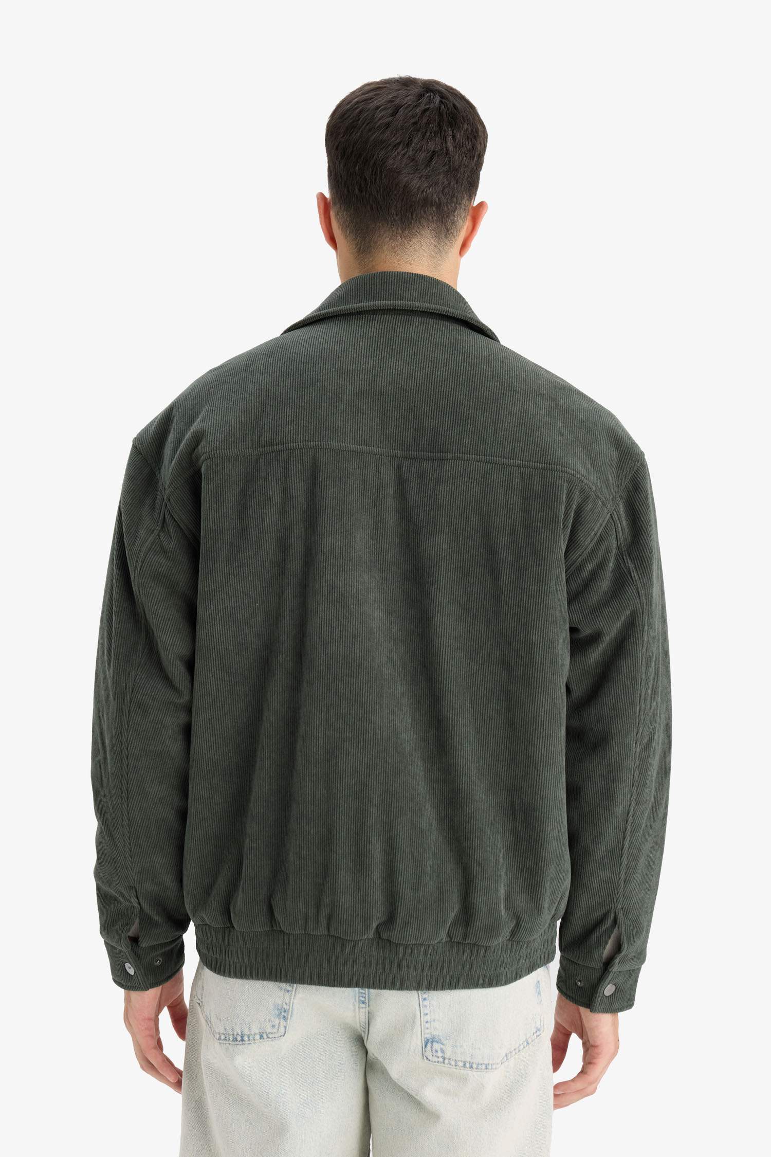 Oversize Geniş Kalıp Gömlek Yaka Beli Lastikli Fermuarlı İç Cepli Kadife Mont