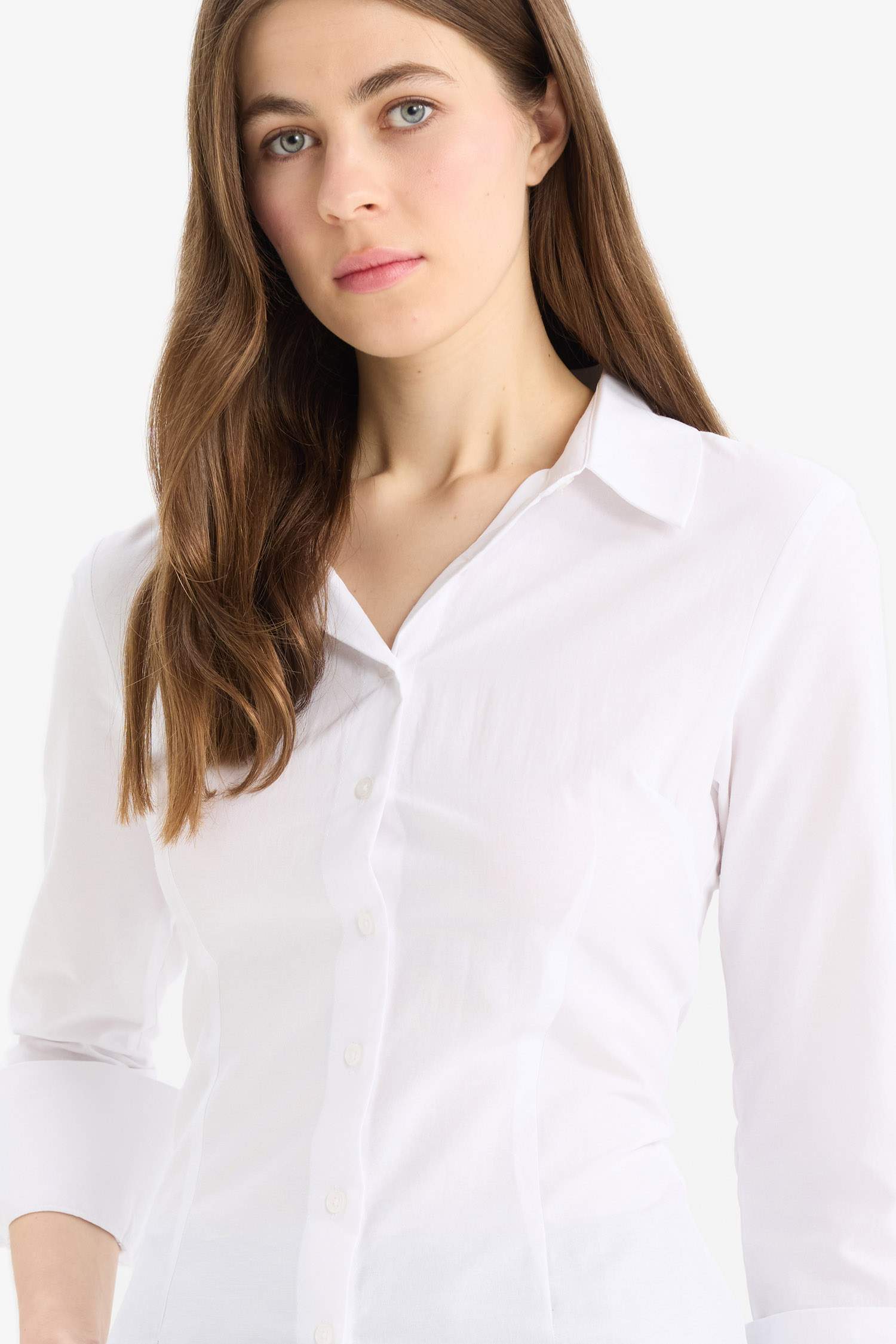 Fitted Basic Düz  Bengalin Uzun Kollu Gömlek