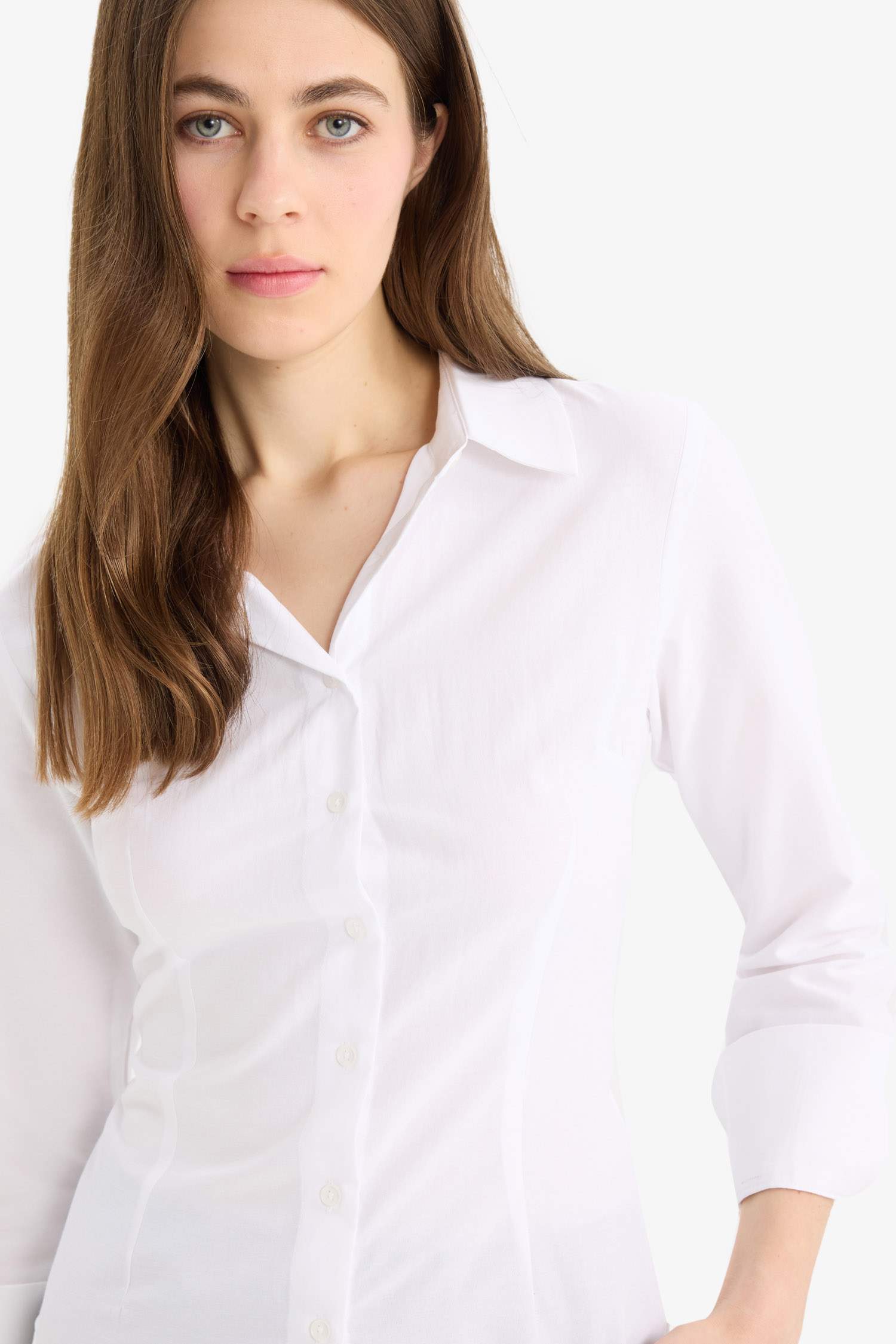 Fitted Basic Düz  Bengalin Uzun Kollu Gömlek