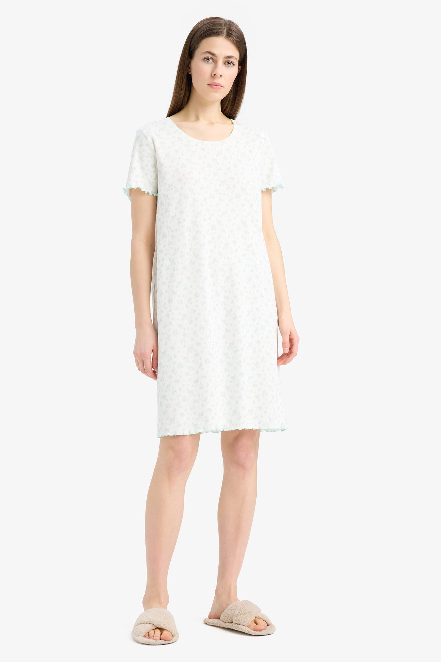 Bisiklet Yaka Fitilli Kaşkorse Kısa Kollu Gecelik-Fall in Love