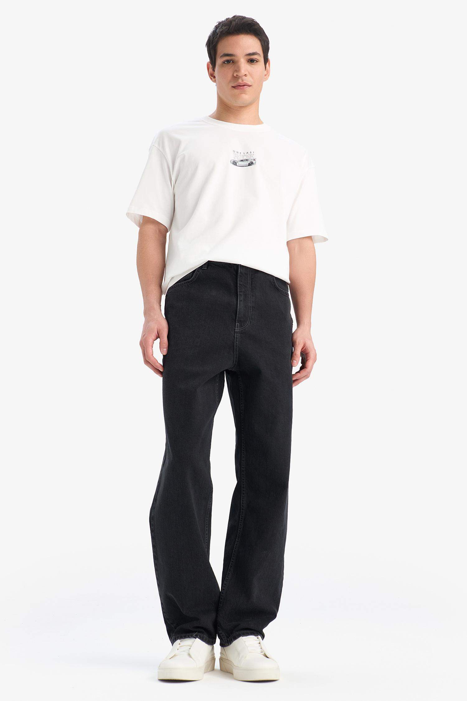 %100 Pamuk Baggy Fit Geniş Kalıp Normal Bel Geniş Paça Siyah Jean Pantolon