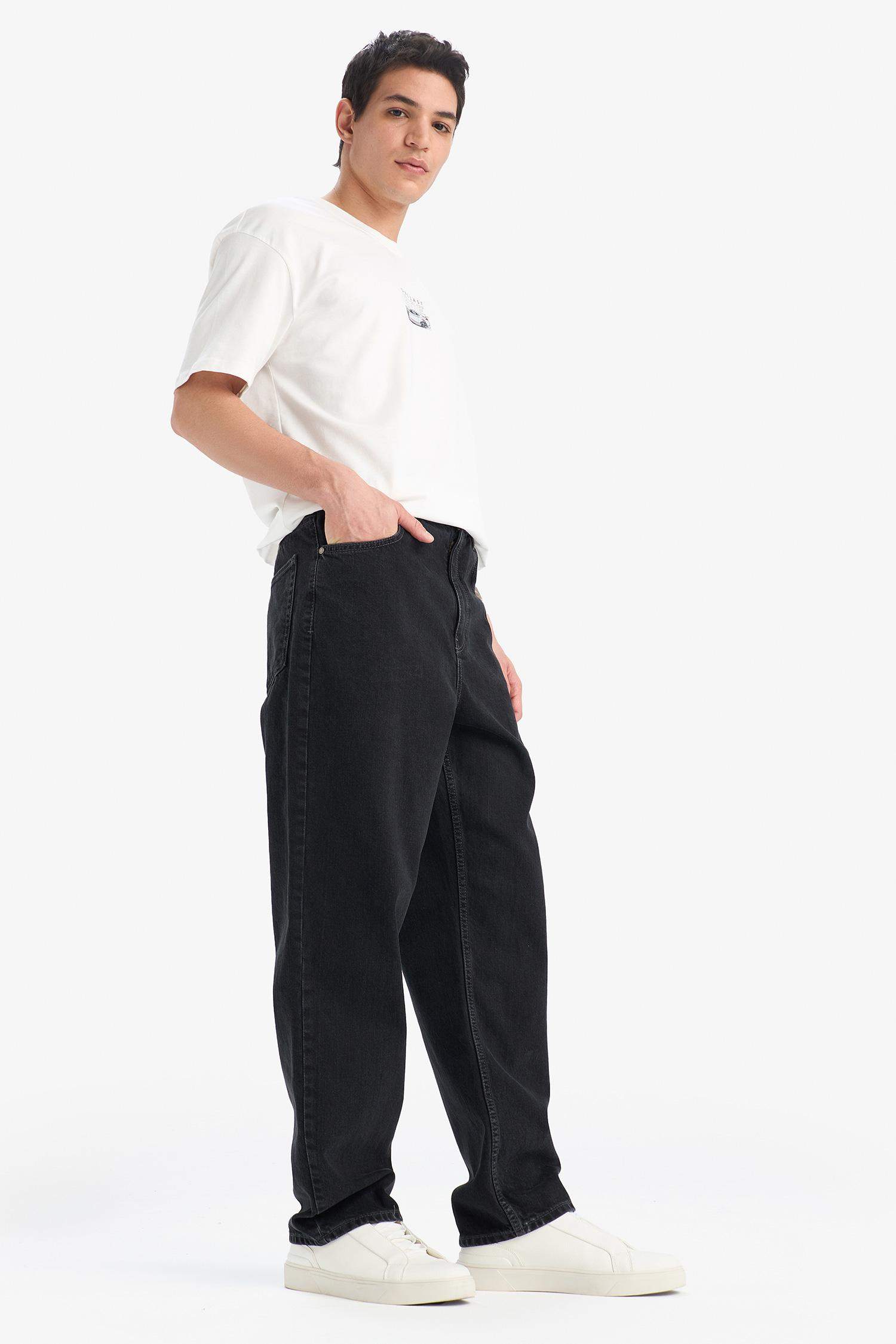 %100 Pamuk Baggy Fit Geniş Kalıp Normal Bel Geniş Paça Siyah Jean Pantolon