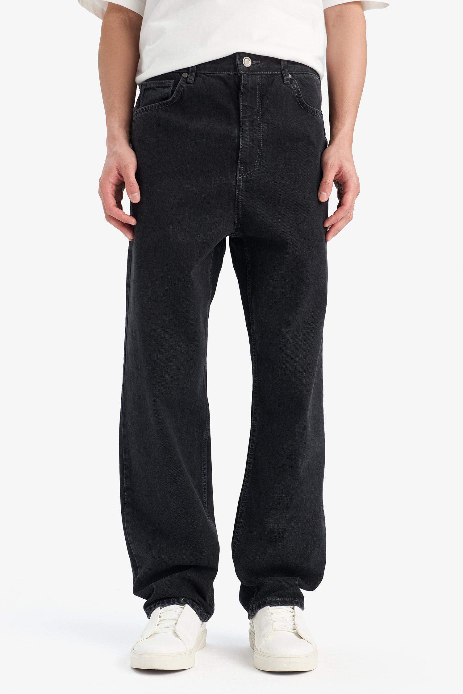 %100 Pamuk Baggy Fit Geniş Kalıp Normal Bel Geniş Paça Siyah Jean Pantolon