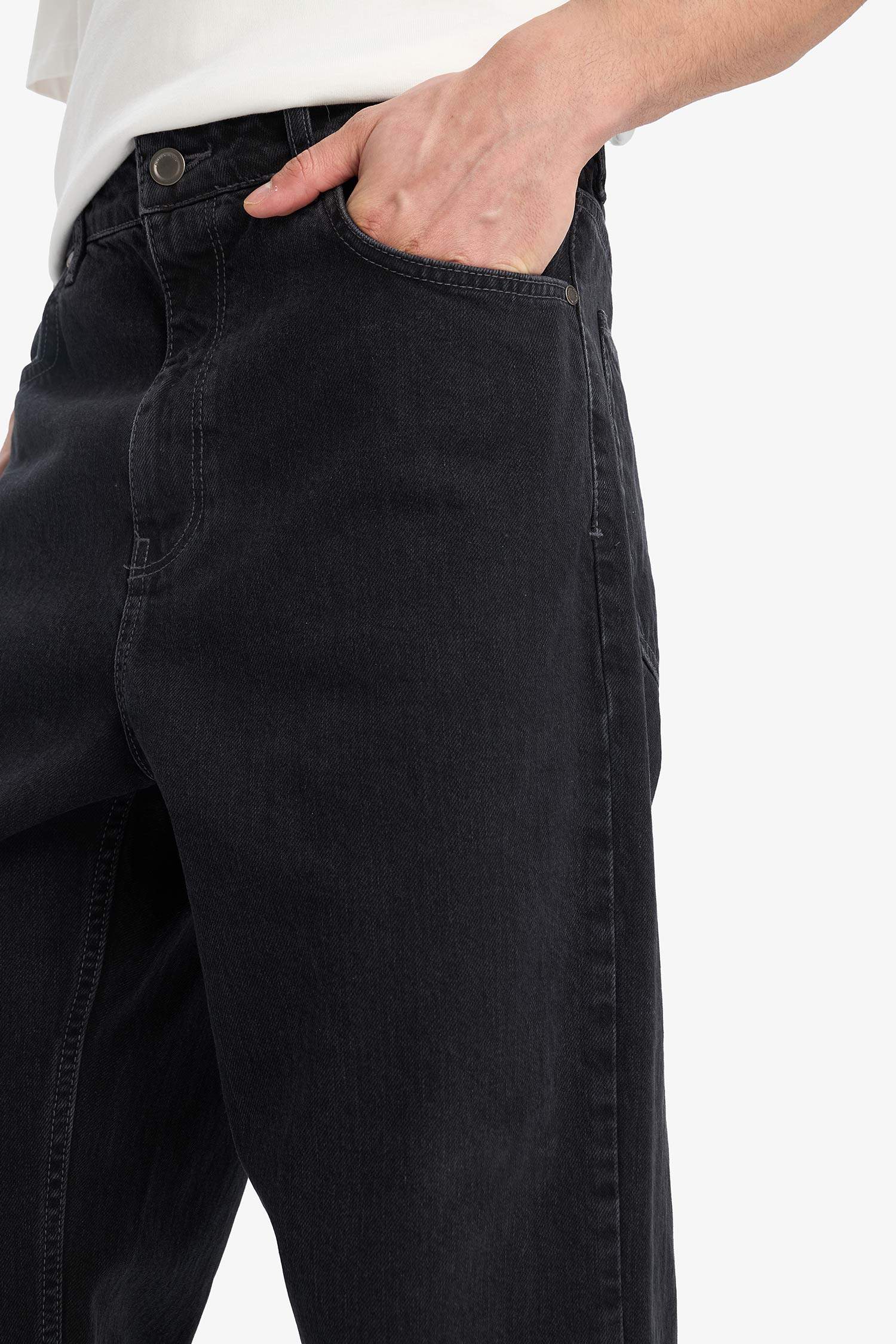 %100 Pamuk Baggy Fit Geniş Kalıp Normal Bel Geniş Paça Siyah Jean Pantolon