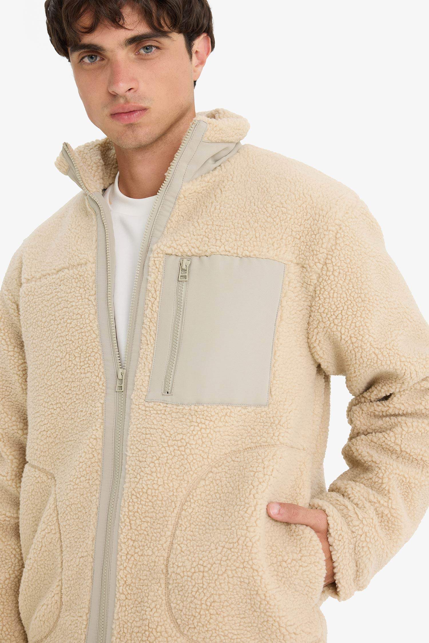 Regular Fit Stand Collar Zippered Plush Jacket