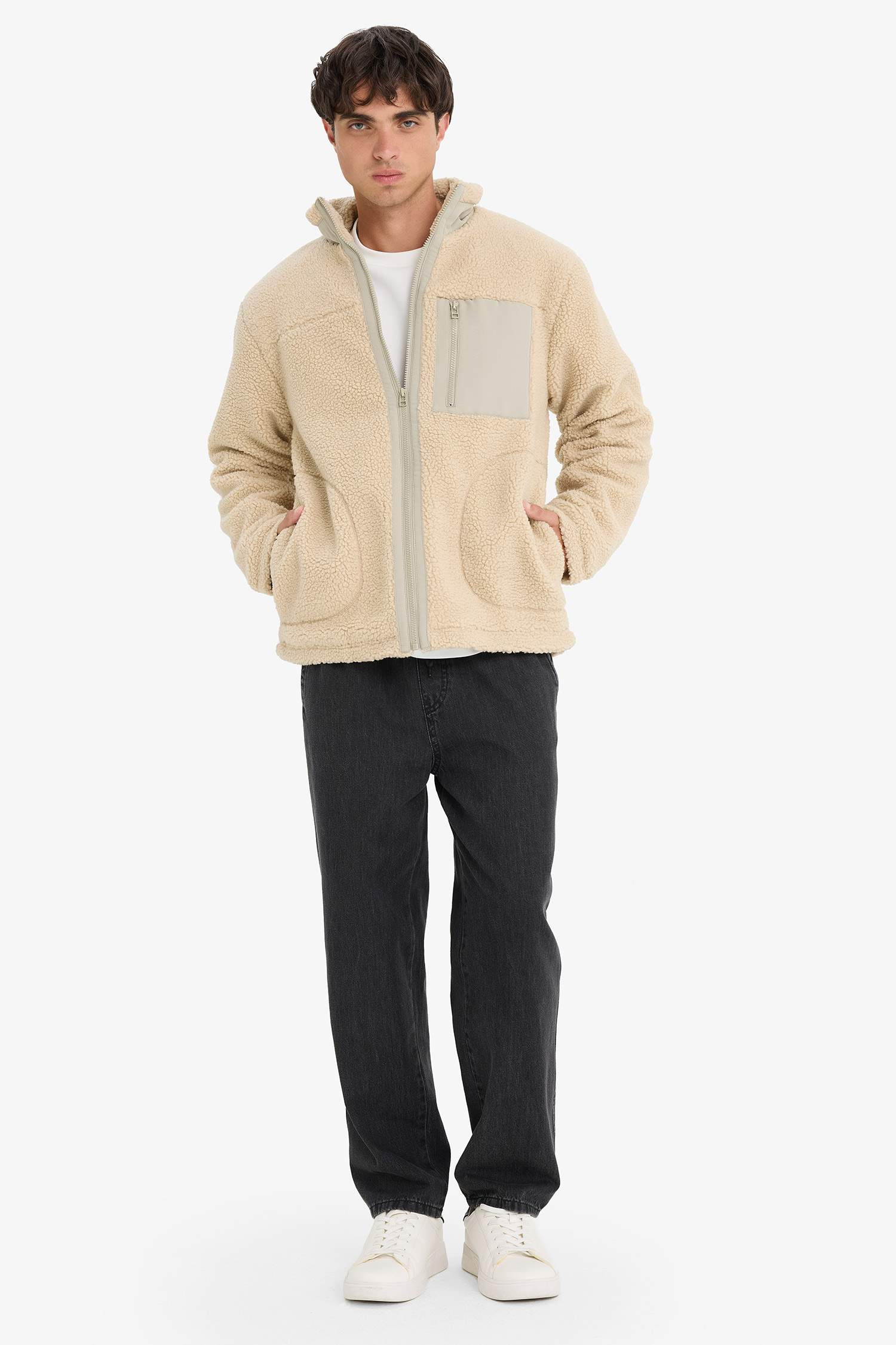 Regular Fit Stand Collar Zippered Plush Jacket