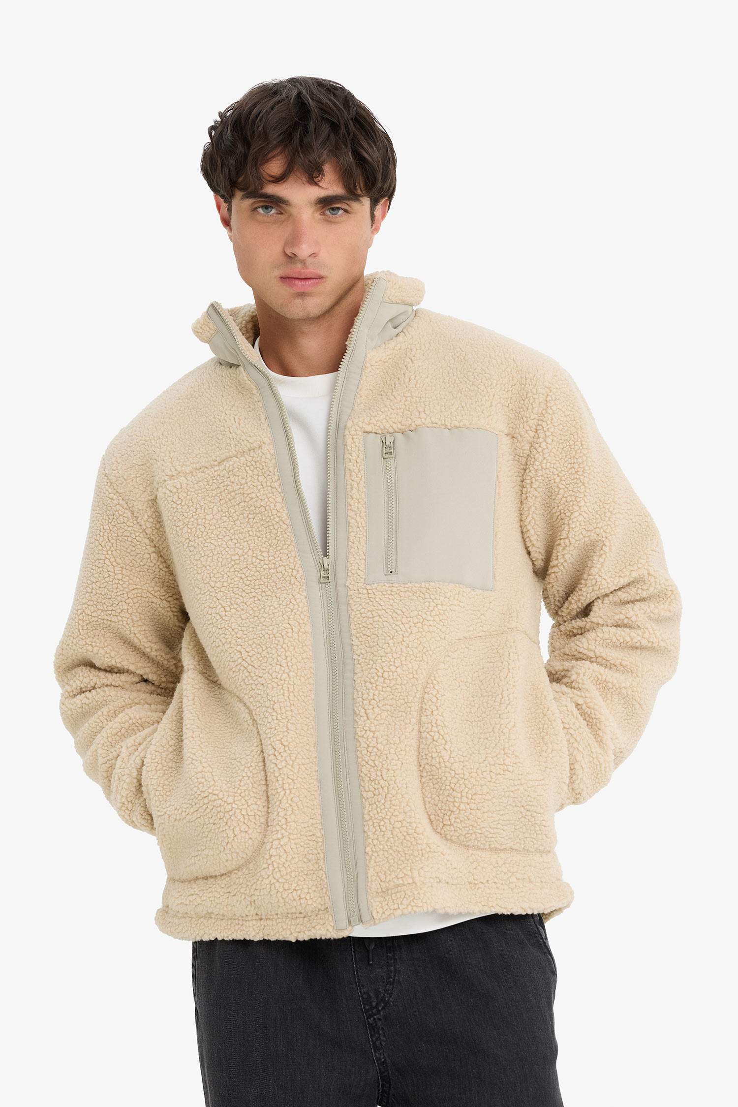 Regular Fit Stand Collar Zippered Plush Jacket